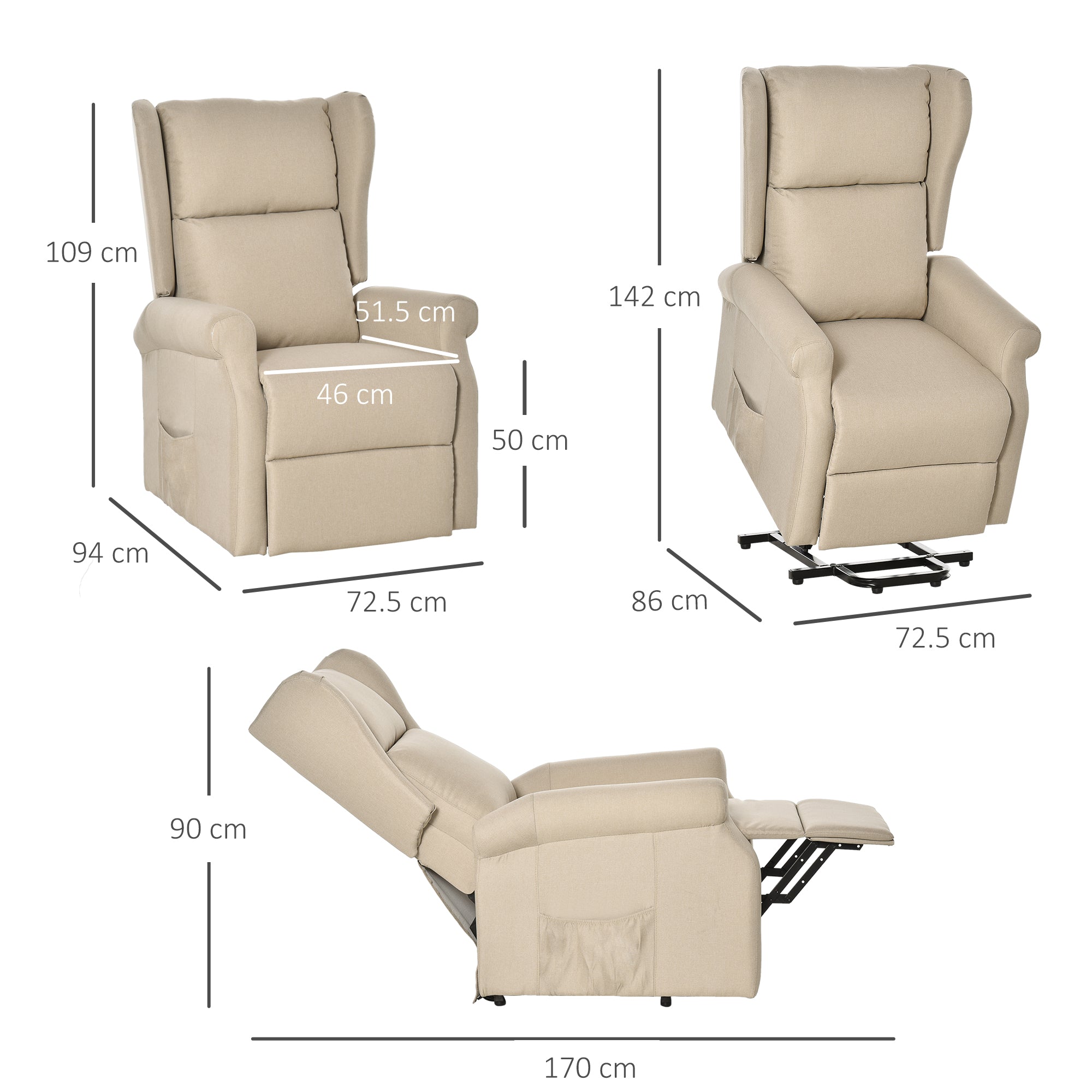 HOMCOM Power Lift Recliner Armchair, Electric Lift Chair for Elderly, Fabric Riser and Reclining Chair with Remote Control, Side Pockets, Extended Footrest, for Living Room, Beige - North Peak Garden Furniture
