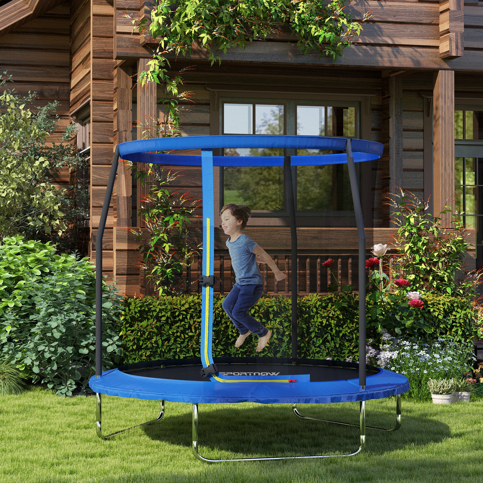 SPORTNOW 8ft Trampoline with Safety Enclosure Net, Steel Frame Outdoor Trampoline, Jumping Mat with Edge Safety Cover for Fitness, Blue - North Peak Garden Furniture