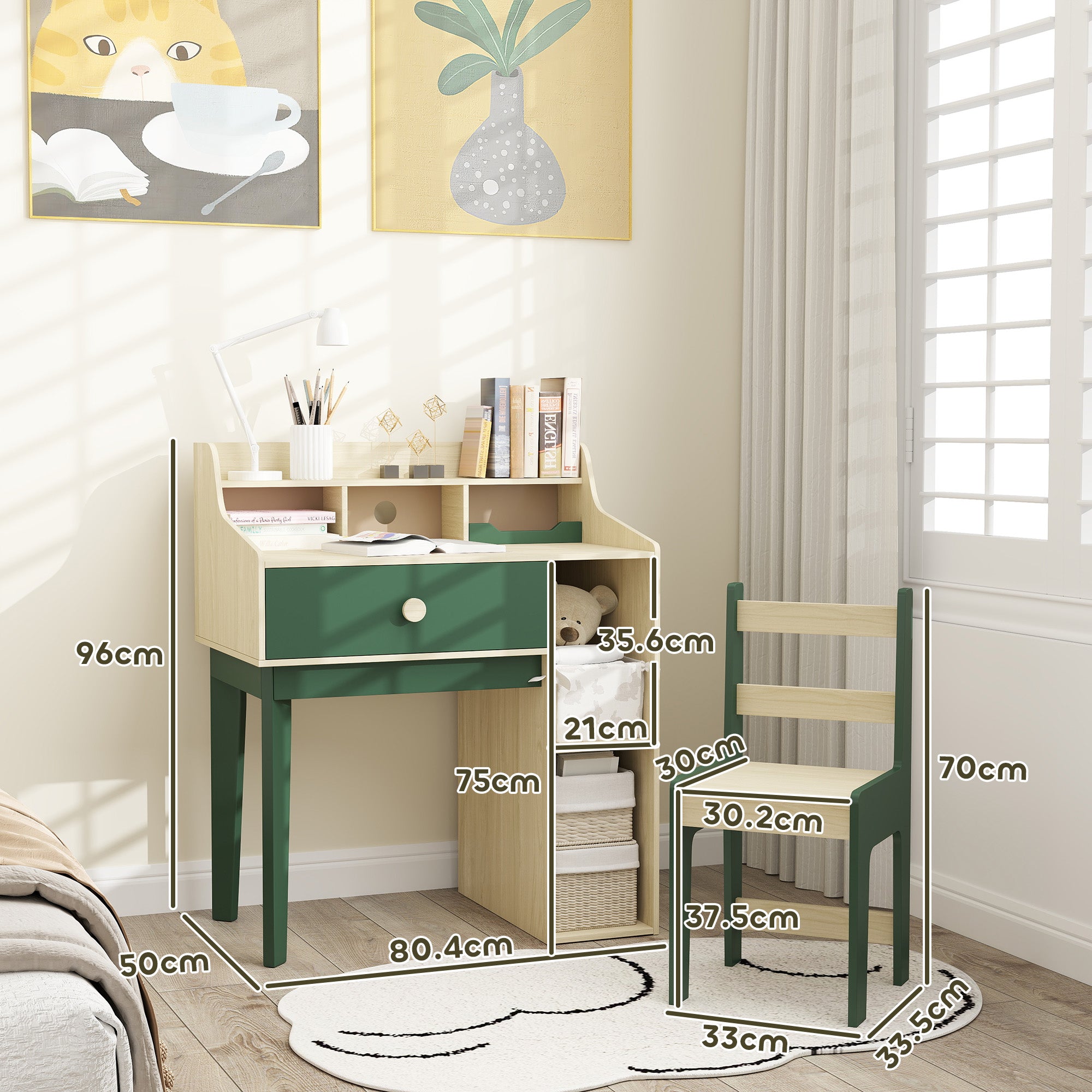 AIYAPLAY Kids Desk and Chair Set with Storage Shelves and Drawer, Green - North Peak Garden Furniture