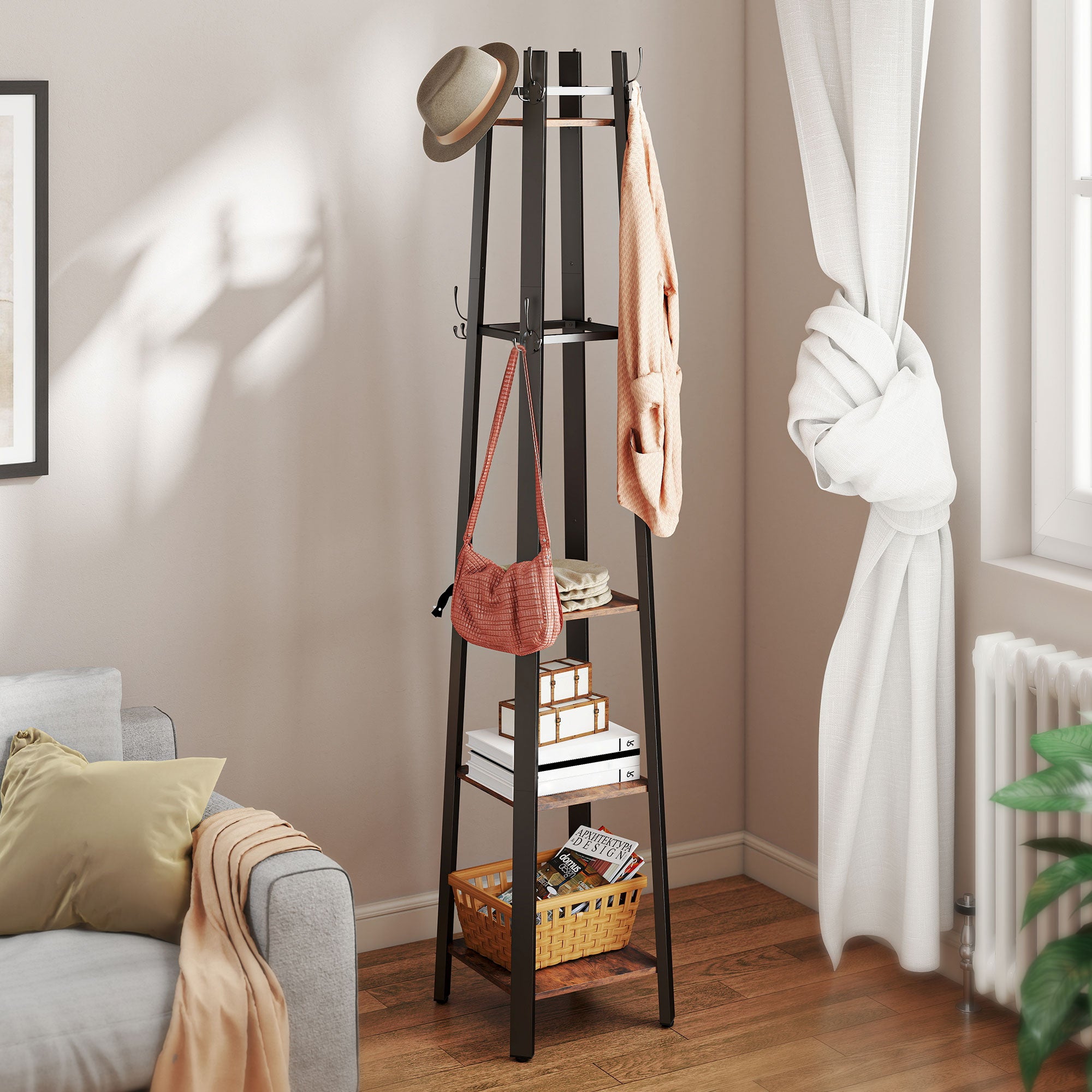 HOMCOM Industrial Coat Stand with 8 Hooks and 4 Shelves - Rustic Brown