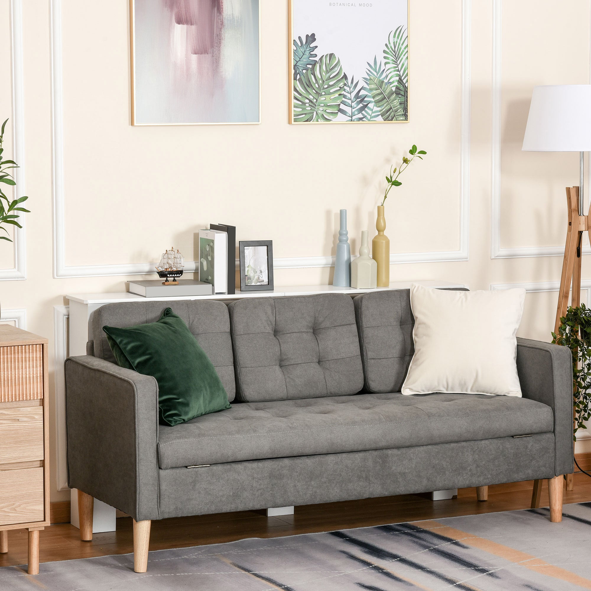 HOMCOM Modern 3 Seater Sofa with Hidden Storage, 169cm Tufted Cotton Couch with Wood Legs, Compact Sofa for Living Room, Grey - North Peak Garden Furniture