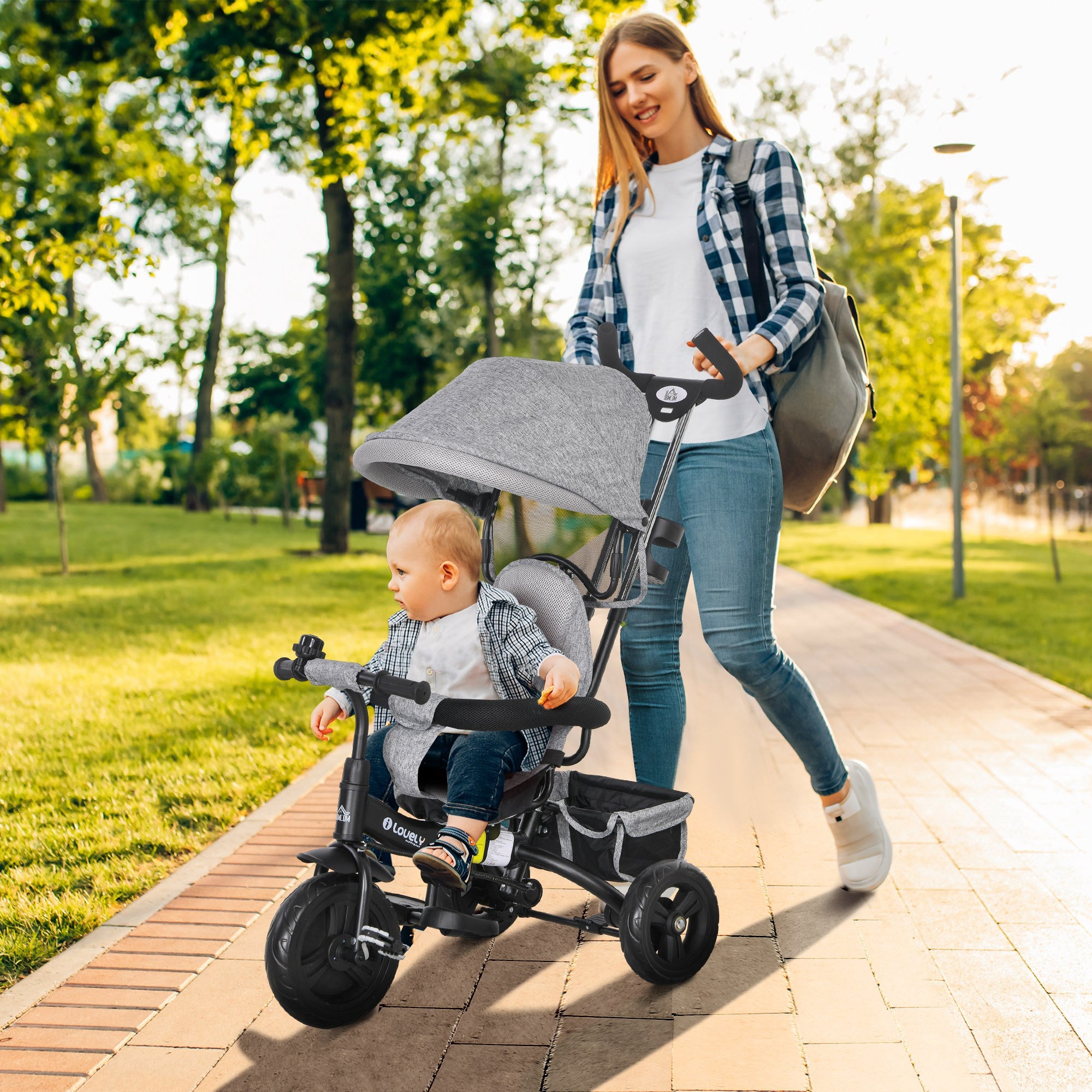HOMCOM 6 in 1 Kids Trike Push Bike w/ Push Handle, Canopy, 5-point Safety Belt, Storage, Footrest, Brake, for 1-5 Years, Grey - North Peak Garden Furniture