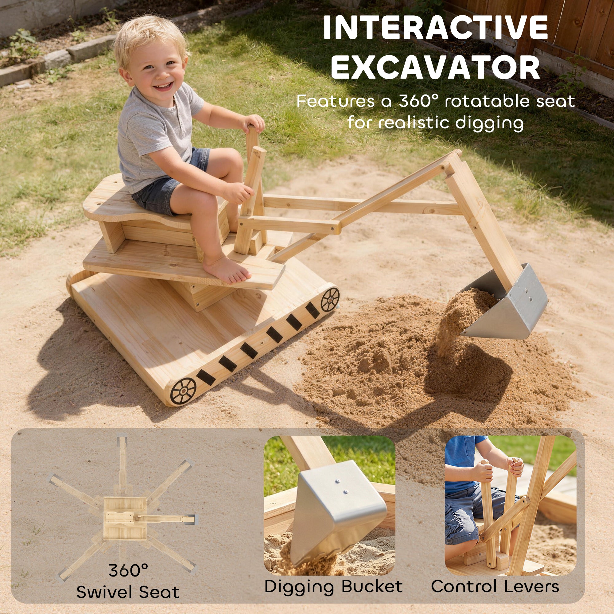 AIYAPLAY Wooden Sand Pit with Digger, Kids Sandbox Outdoor, SandPit with 360° Swivel Seat and Bottom Liner