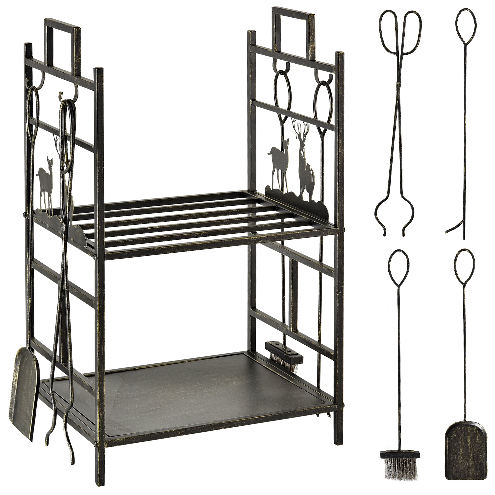 Outsunny Metal Firewood Log Holder 2 Tier Firewood Rack Indoor Outdoor Fireplace Wood Storage Shelf with 4 Tools, Hooks, Elk Shape Design, Black Gold Tone, 51.5W x 33D x 77H cm - North Peak Garden Furniture