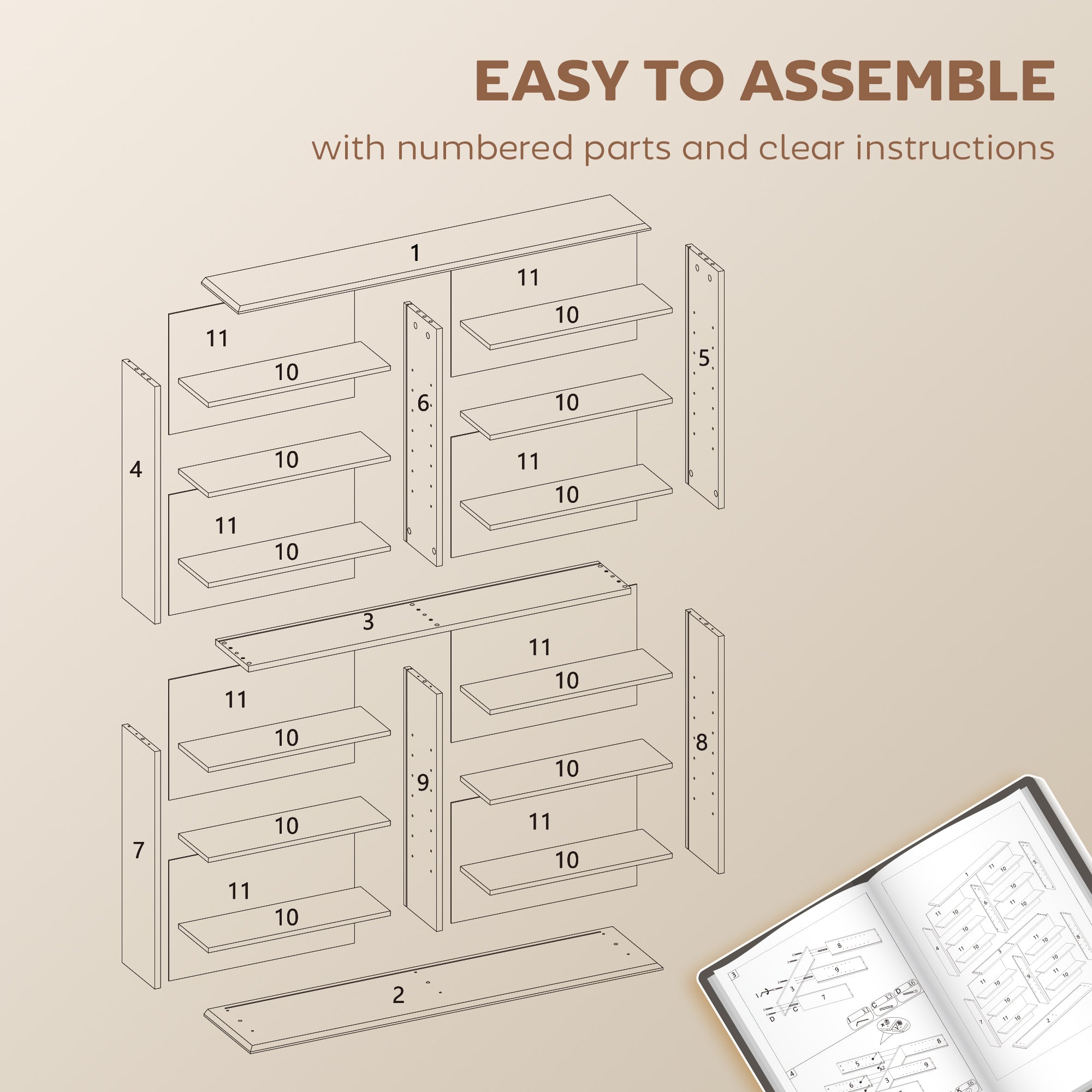 HOMCOM 16-Compartment Media Shelf - Rustic Brown