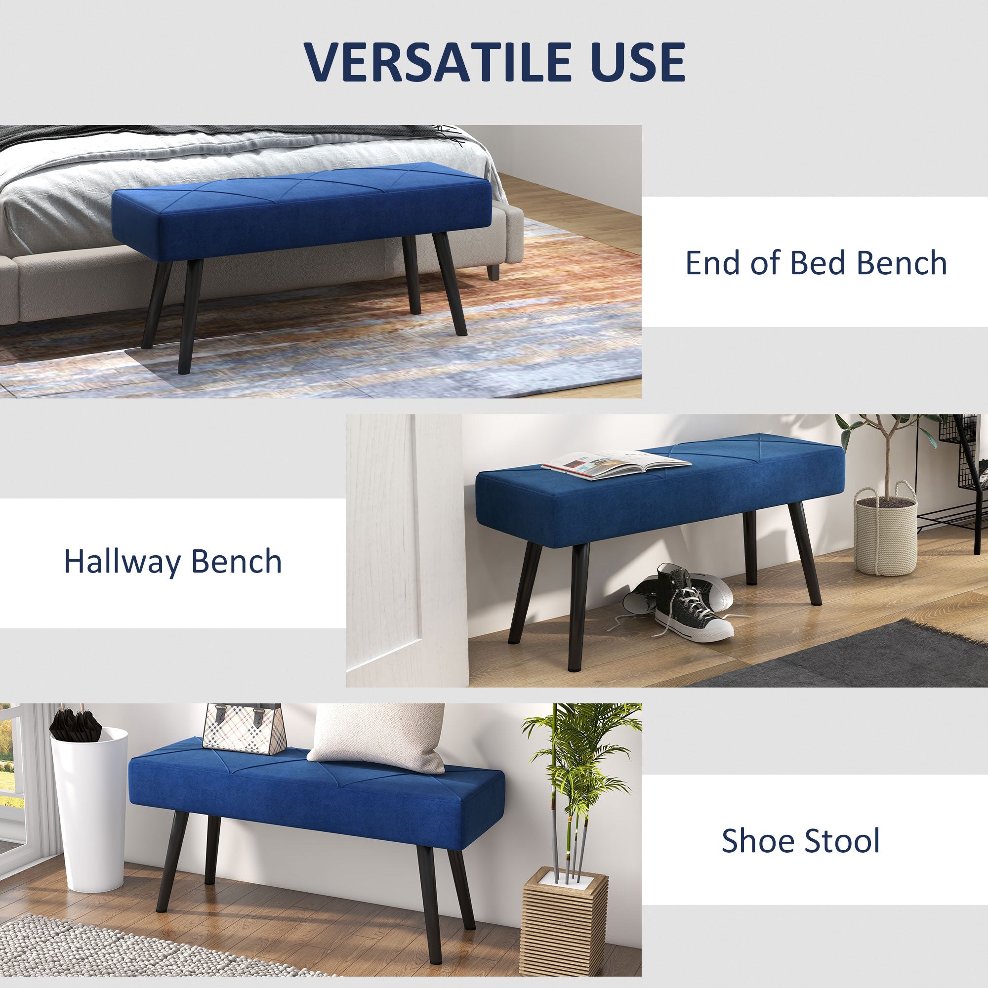 HOMCOM End of Bed Bench with X-Shape Design and Steel Legs, Upholstered Hallway Bench for Bedroom, Blue - North Peak Garden Furniture