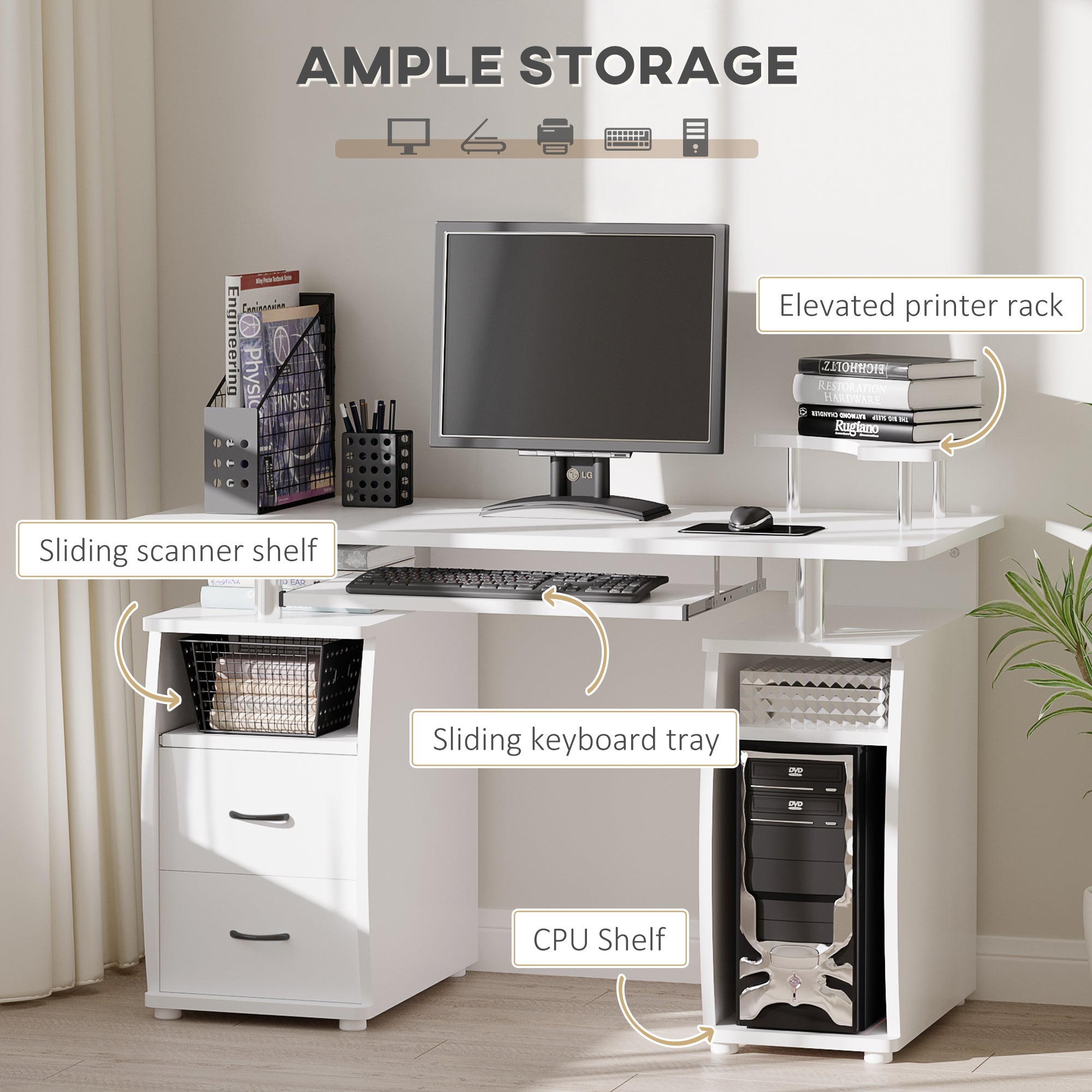 HOMCOM Computer Desk Office PC Table Workstation with Keyboard Tray, CPU Shelf, Drawers, Sliding Scanner Shelf, White - North Peak Garden Furniture