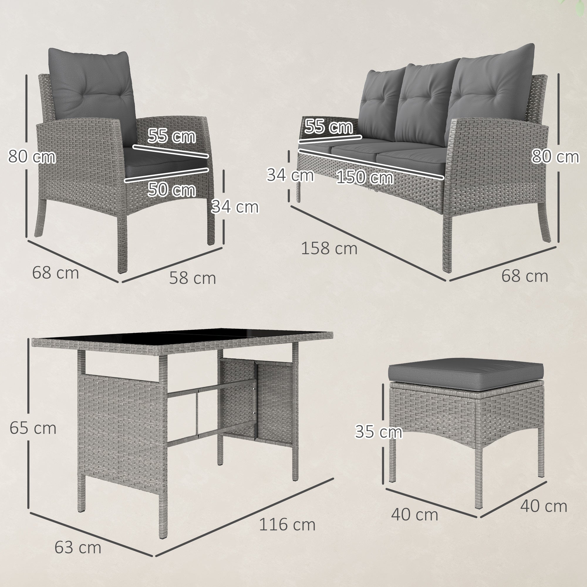 Outsunny 5 Seater Rattan Garden Furniture Set, 6 Piece Garden Sofa Set, Armchairs, 3-Seater Sofa, Footstools, Glass Dining Table, Cushions, Wicker Outdoor Furniture for Conservatory Patio, Grey