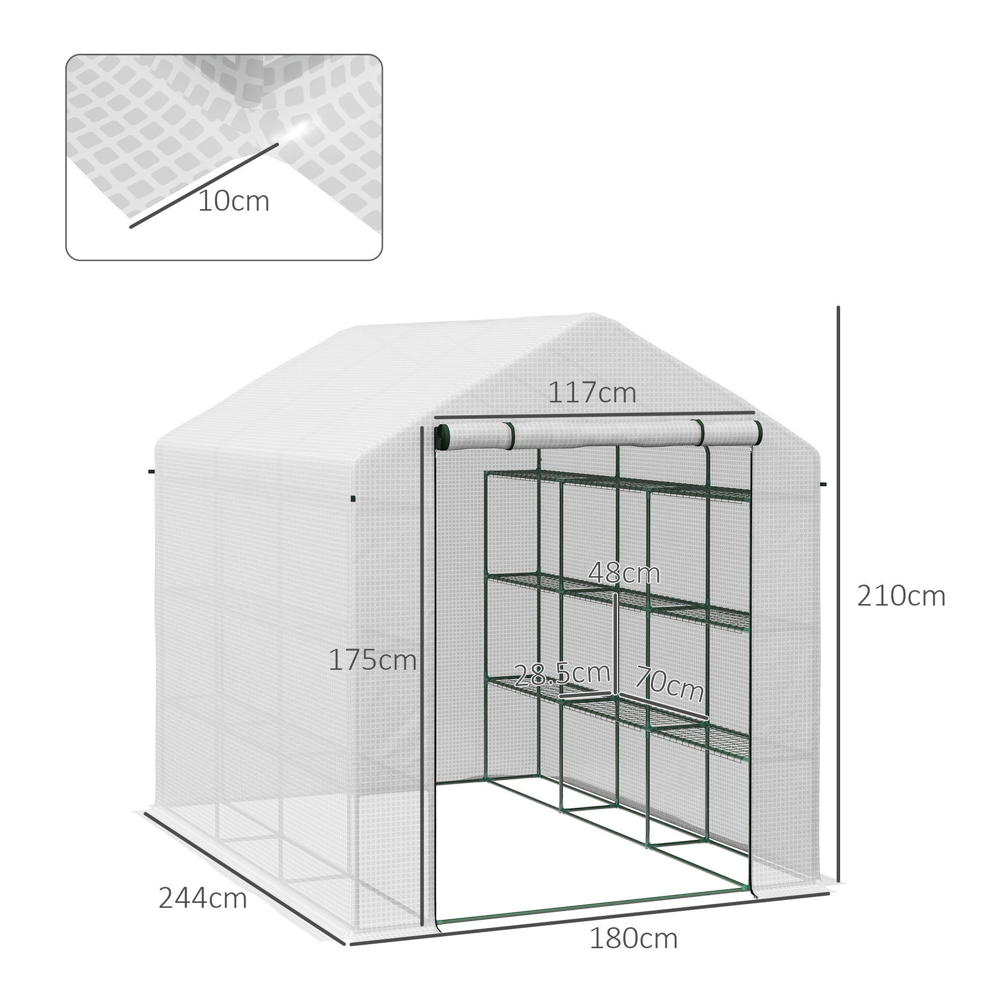 Outsunny Walk-in Greenhouse with 4 Tier 24 Shelves, Portable Grow House with Roll-up Zipped Door, 244 x 180 x 210 cm, White