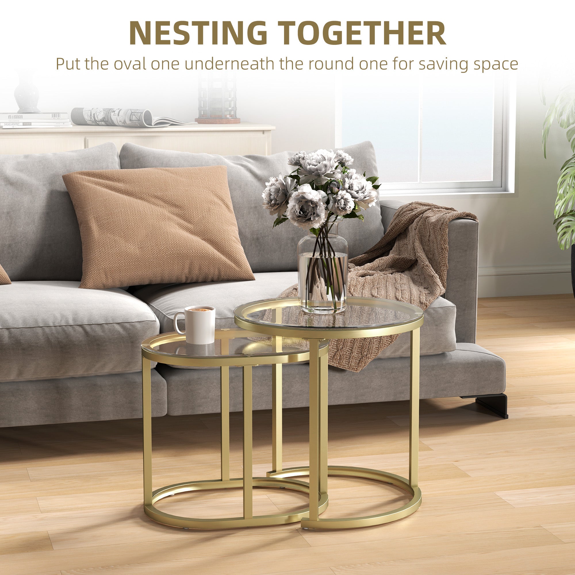 HOMCOM Modern Coffee Table Set of 2, Nest of Tables with Steel Frame and Tempered Glass Tabletop, Side Tables for Living Room Bedroom, Clear - North Peak Garden Furniture