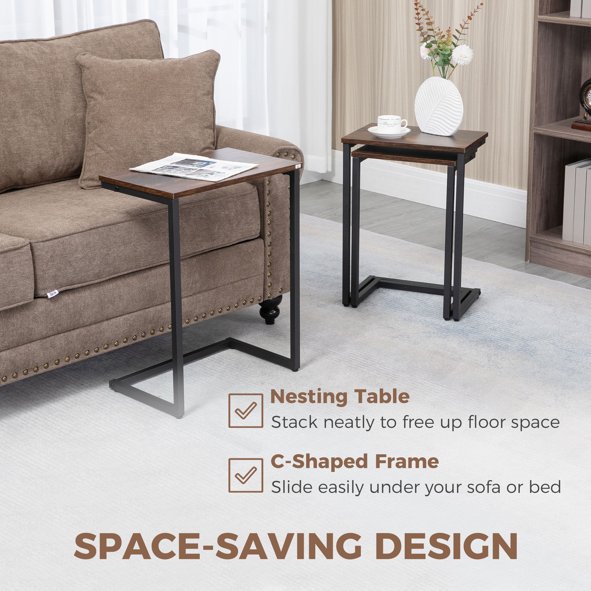 HOMCOM Nesting Side Tables Set of 3, C-Shaped Snack Side Tables with Steel Frame for Sofa Couch and Bed, Rustic Brown