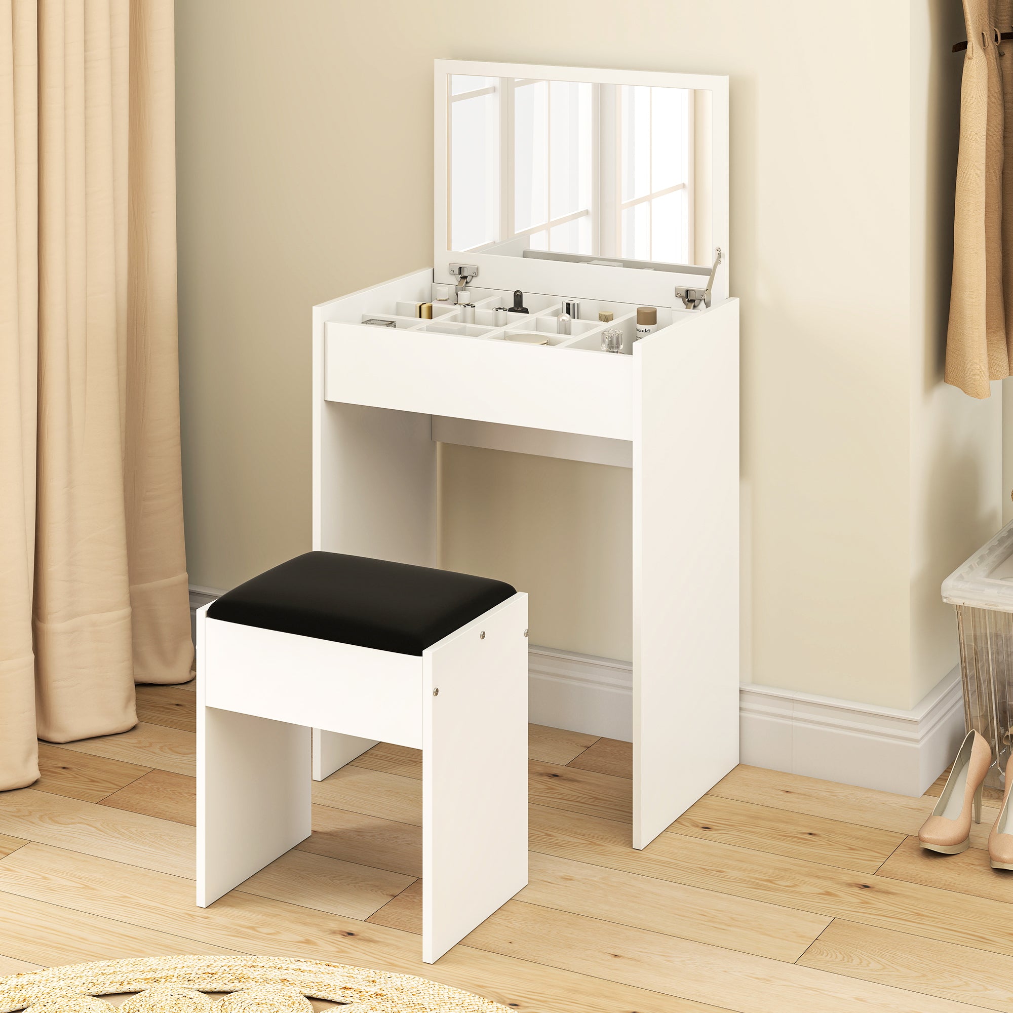 HOMCOM Dressing Table with Mirror and Stool, Vanity Makeup Table with Flip Up Mirror, Vanity Desk with Storage Unit and Padded Seat, White