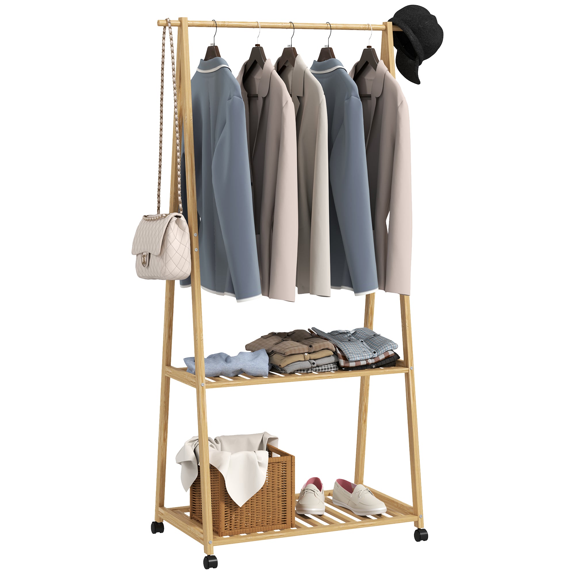 HOMCOM Bamboo Clothes Rack, with Shelves and Hooks - Natural Finish - North Peak Garden Furniture