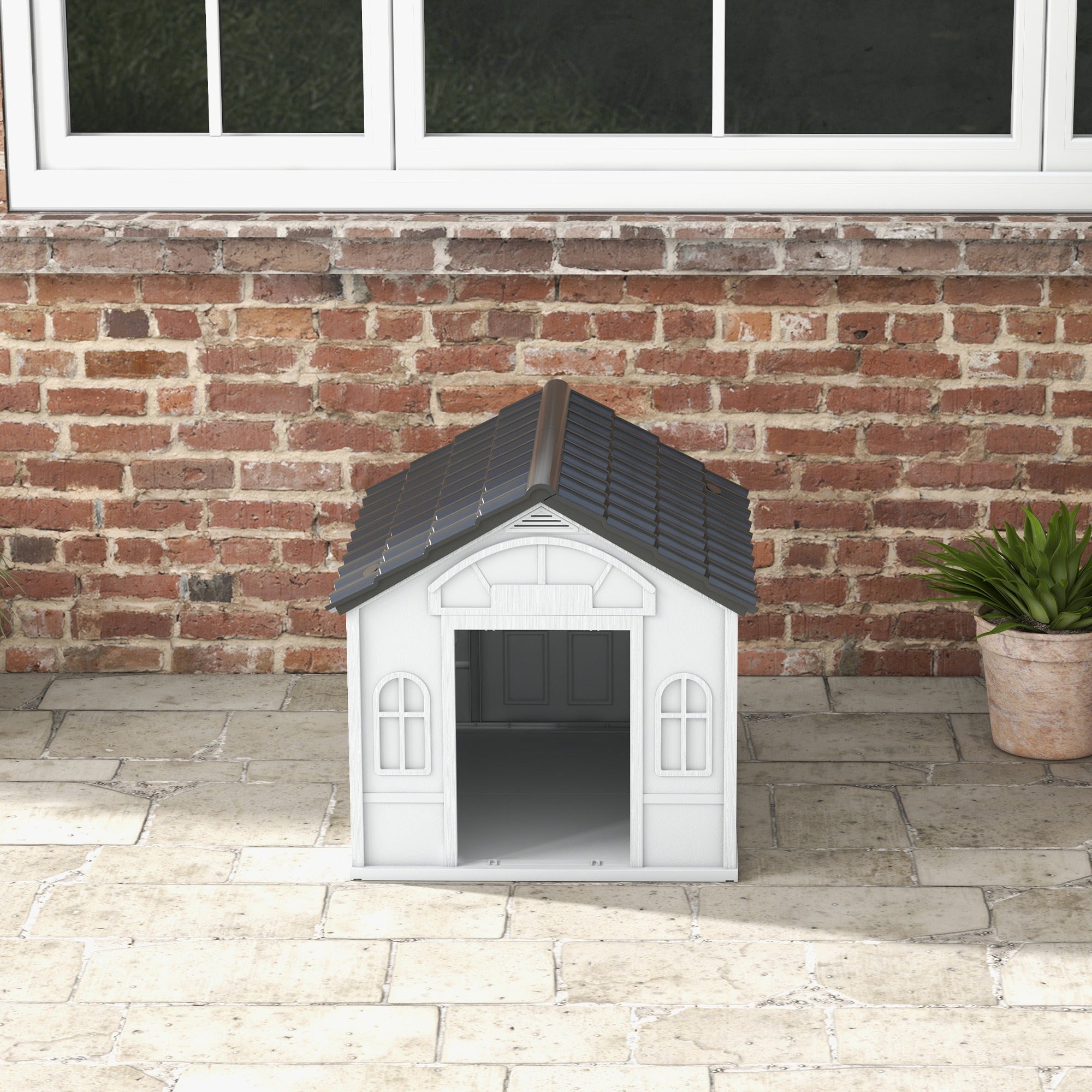 PawHut Plastic Weather-Resistant Dog House, for Indoors and Outdoors, Medium Dogs - Grey - North Peak Garden Furniture