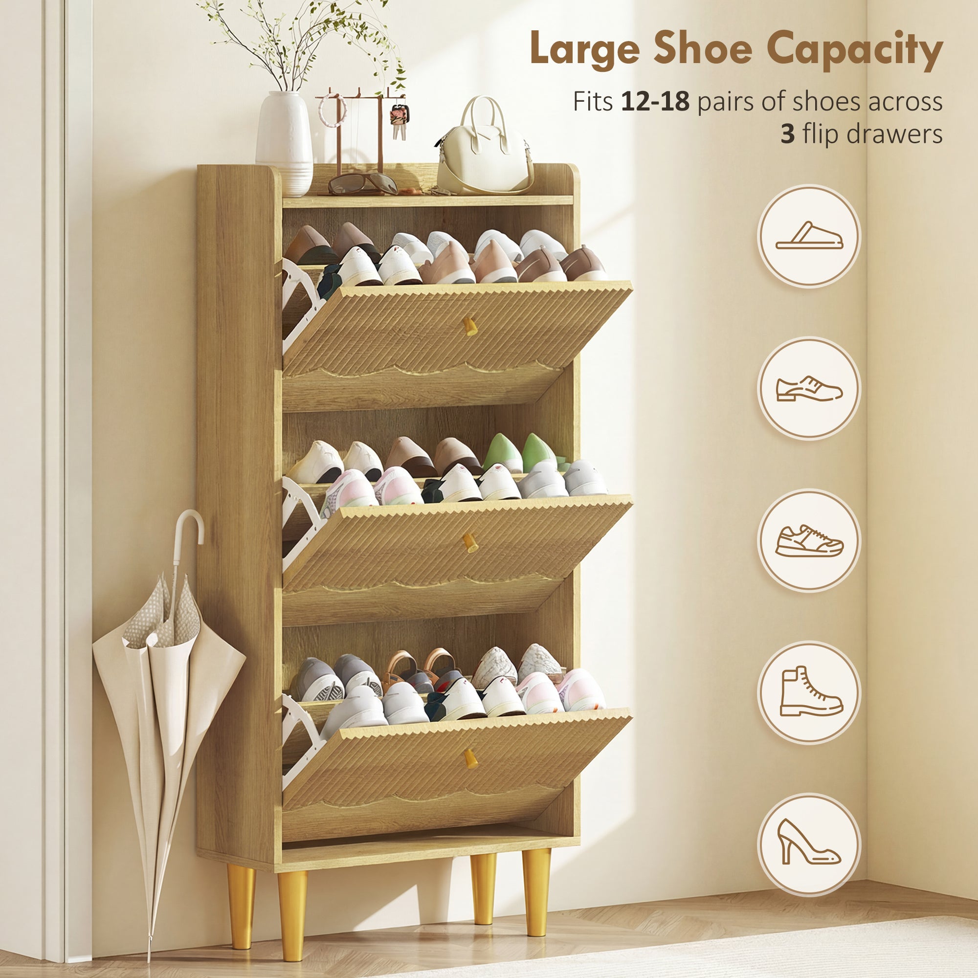 HOMCOM Narrow Shoe Cabinet, Modern Shoe Storage Cabinet with 3 Flip Drawers, Oak