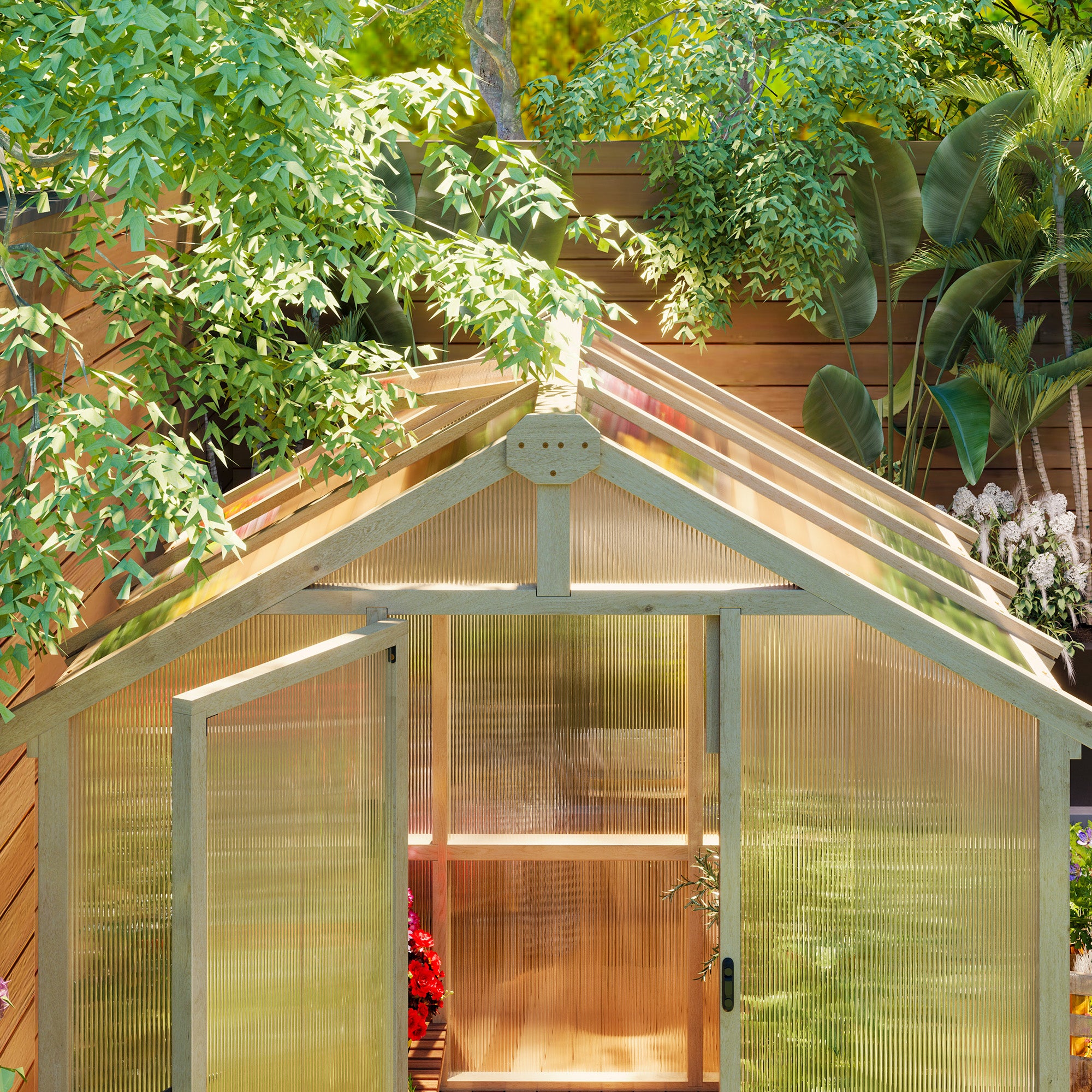 Outsunny 6.6 x 6ft Polycarbonate Greenhouse, Walk-in Wooden Greenhouse with Lockable Door and Window, Garden Plants Grow House, Brown - North Peak Garden Furniture