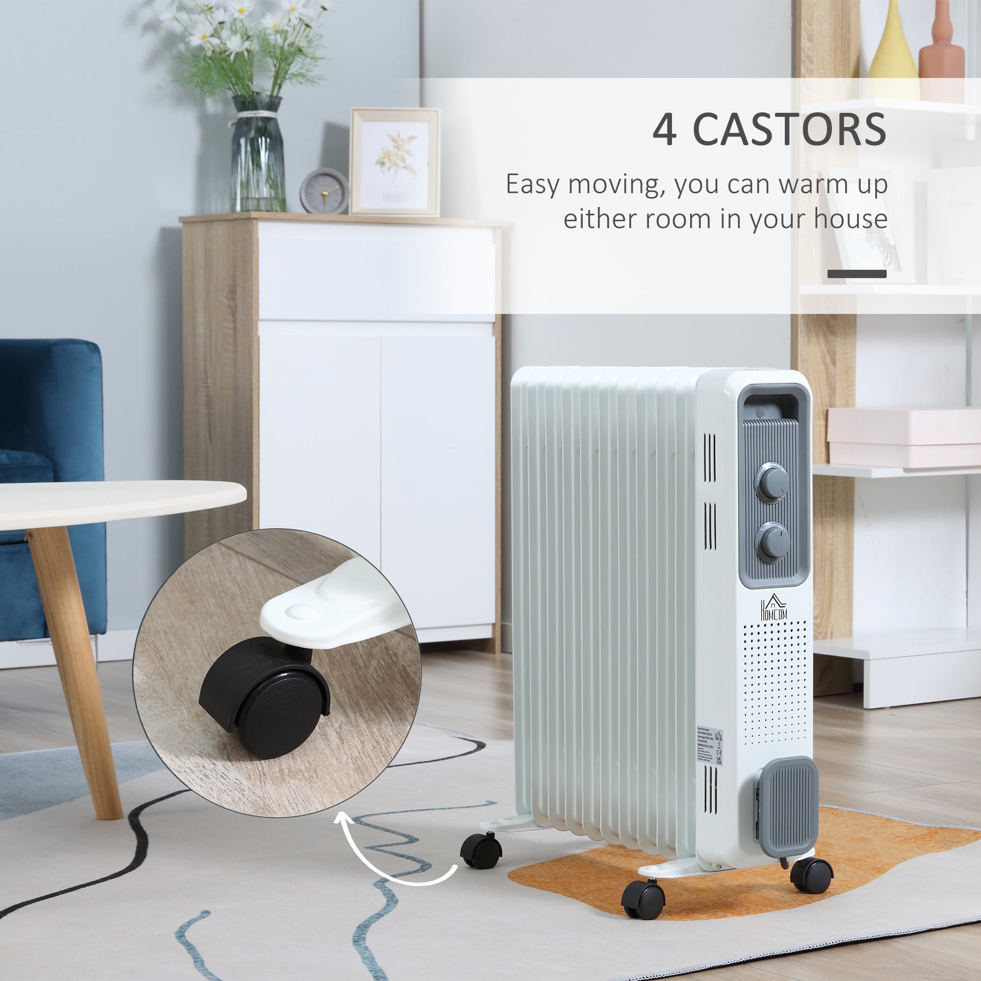 HOMCOM 2500W Oil Filled Radiator, 11 Fin, Portable Electric Heater with 3 Heat Settings, Safety Cut-Off and Wheels, White - North Peak Garden Furniture