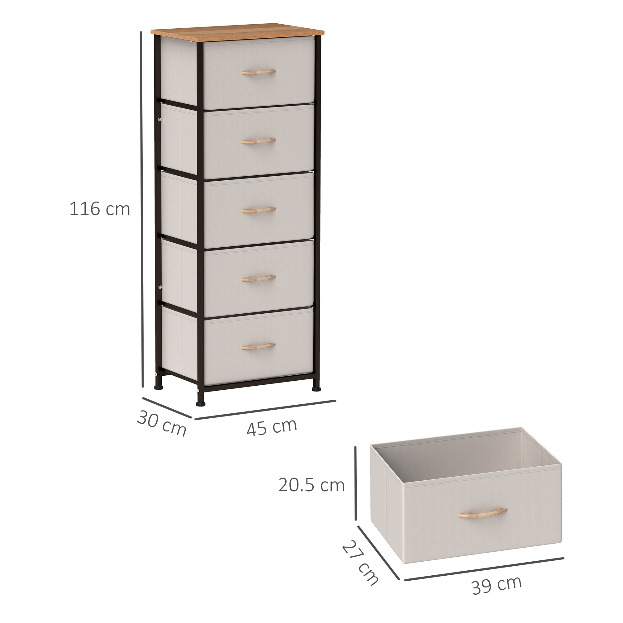 HOMCOM Fabric Chest of Drawers, Storage Drawers, Industrial Bedroom Dresser with 5 Fabric Drawers, Steel Frame and Wooden Top for Nursery, Living Room, Hallway, Cream White - North Peak Garden Furniture