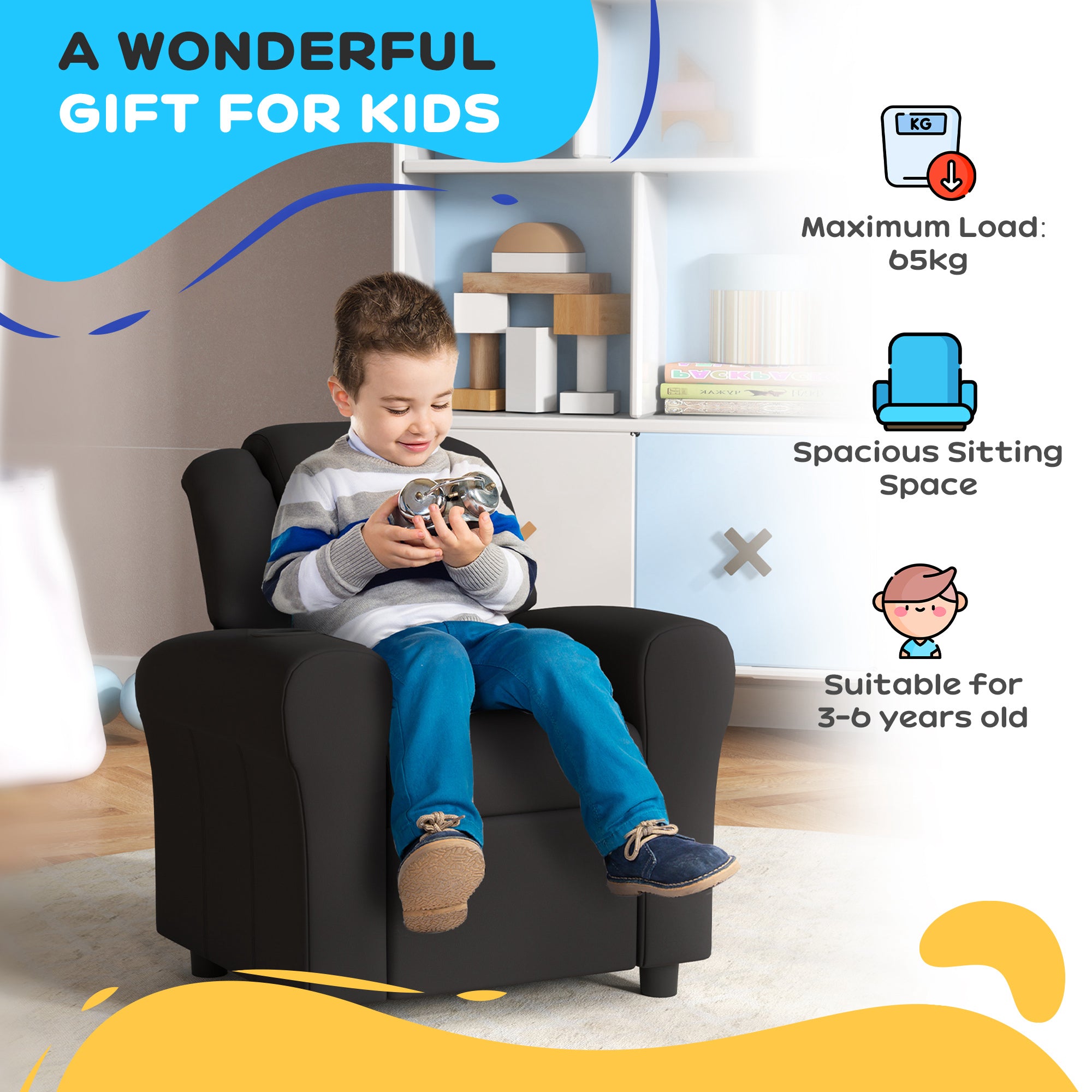HOMCOM Kids Recliner Chair, PU Leather with Adjustable Backrest, Footrest, Padded Headrest, Black - North Peak Garden Furniture
