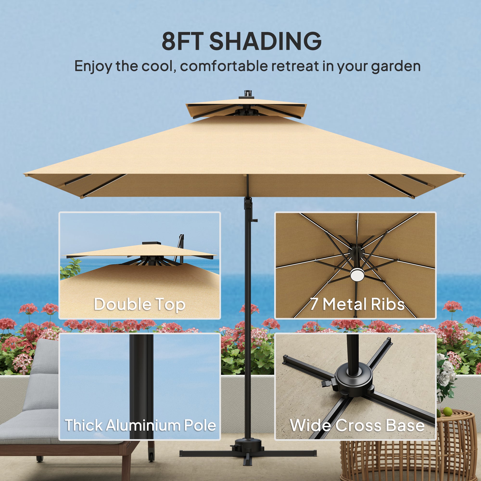 Outsunny 2.5m Cantilever Parasol with Solar Powered LED Lights, 360° Rotation, Tilt Adjustment, Crank Handle, Khaki - North Peak Garden Furniture