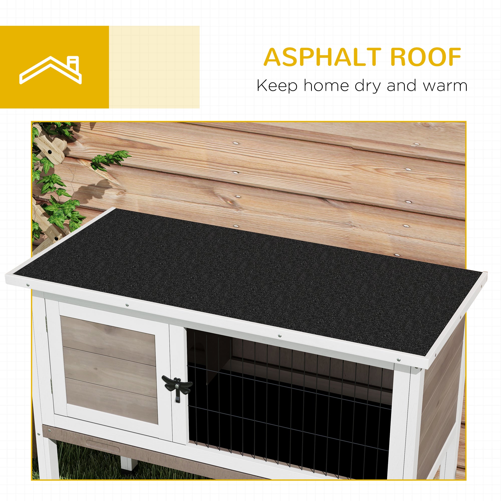 PawHut Wooden Guinea Pig Hutch, Small Animal Cage with Slide-out Tray, Openable Asphalt Roof, 84 x 43 x 70cm, Brown - North Peak Garden Furniture