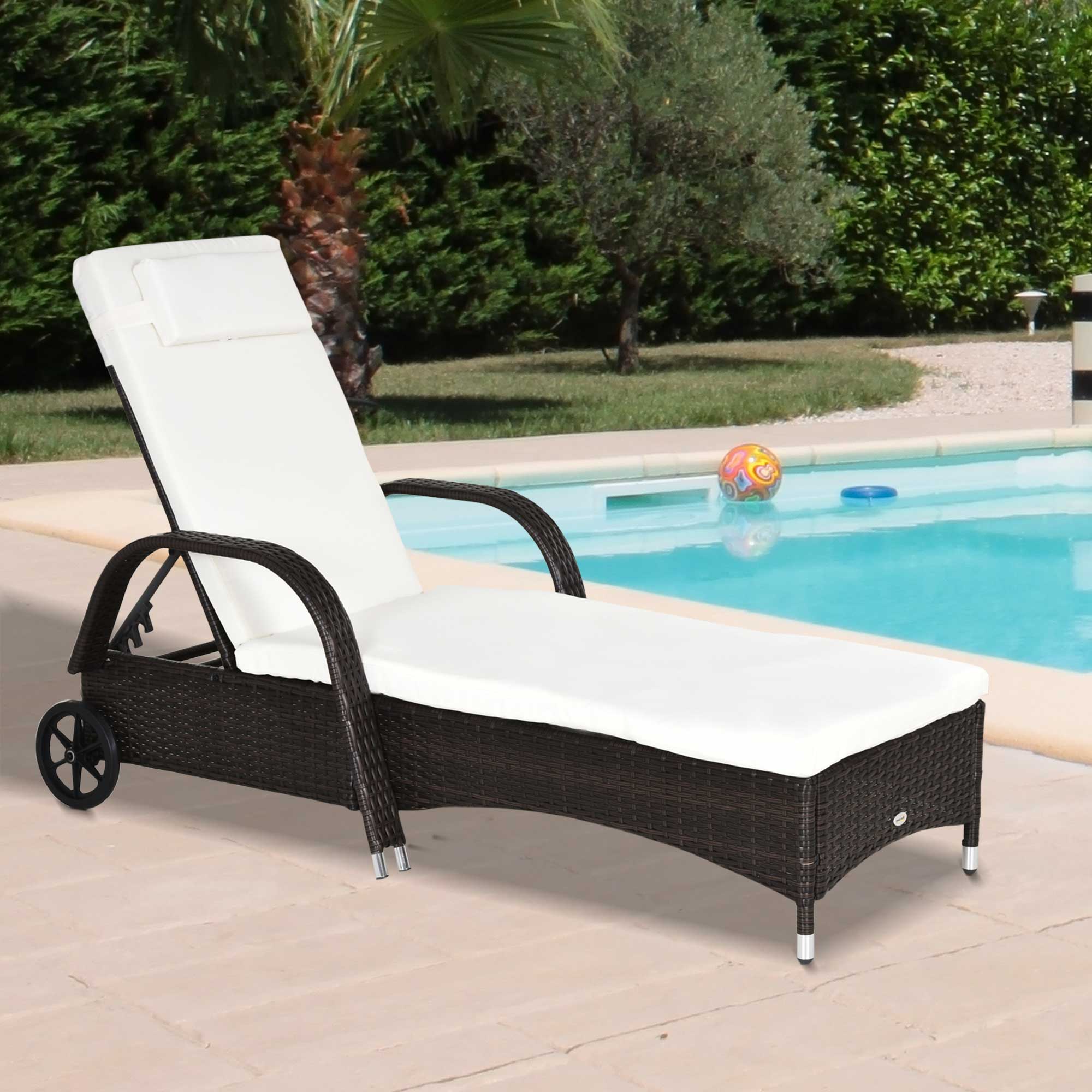 Adjustable Rattan Sun Lounger Garden Recliner Bed Reclining Chair w/ Removable Headrest & Thickened Cushion, Brown