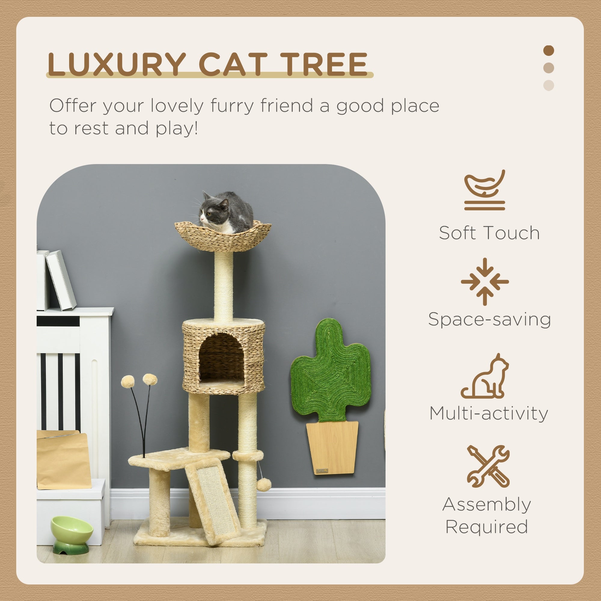 PawHut Cat Tree Tower with Scratching Post, Cat House, Bed, Toy Ball, Platform - Beige - North Peak Garden Furniture