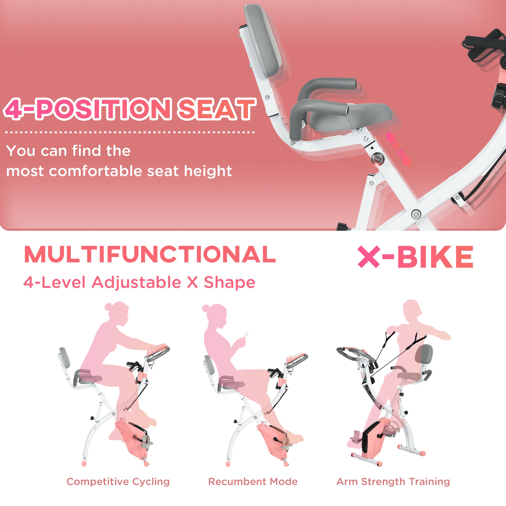 HOMCOM 2-in-1 Folding Exercise Bike with 8-Level Magnetic Resistance, Arm Resistance Band, Pulse Sensor, Pink - North Peak Garden Furniture
