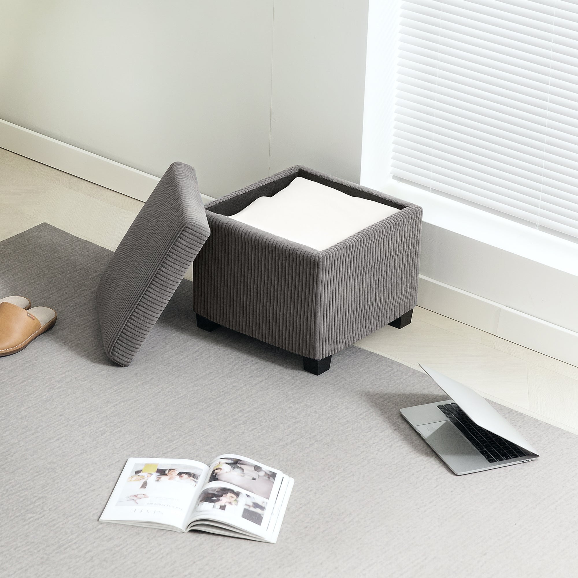 HOMCOM Storage Ottoman Bench, Corduroy Footstool with Removable Lid and Legs, 40cm Storage Chest Box for Living Room, Bedroom, Hallway, Grey - North Peak Garden Furniture