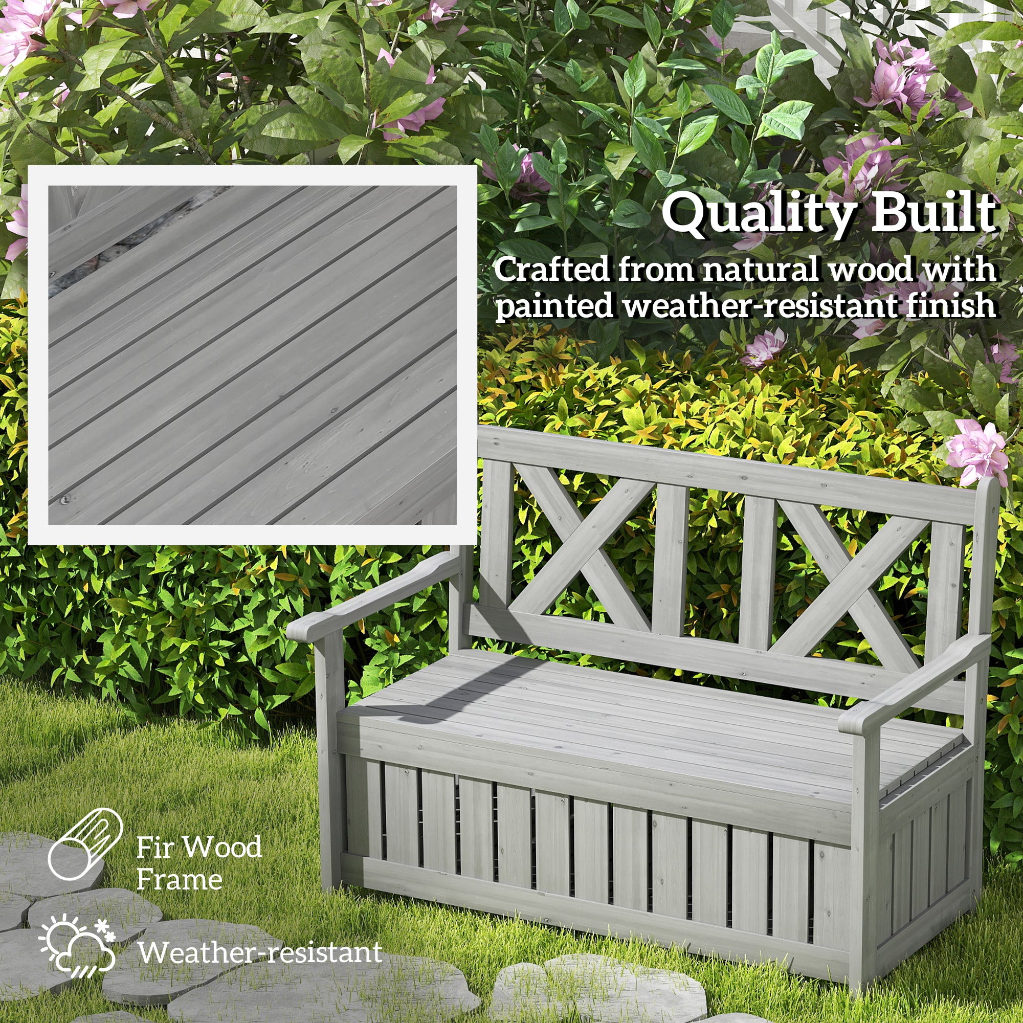 Outsunny 2-Seater Garden Storage Bench for Patio Wood Porch Decor Outdoor Seating, Charcoal Grey - North Peak Garden Furniture