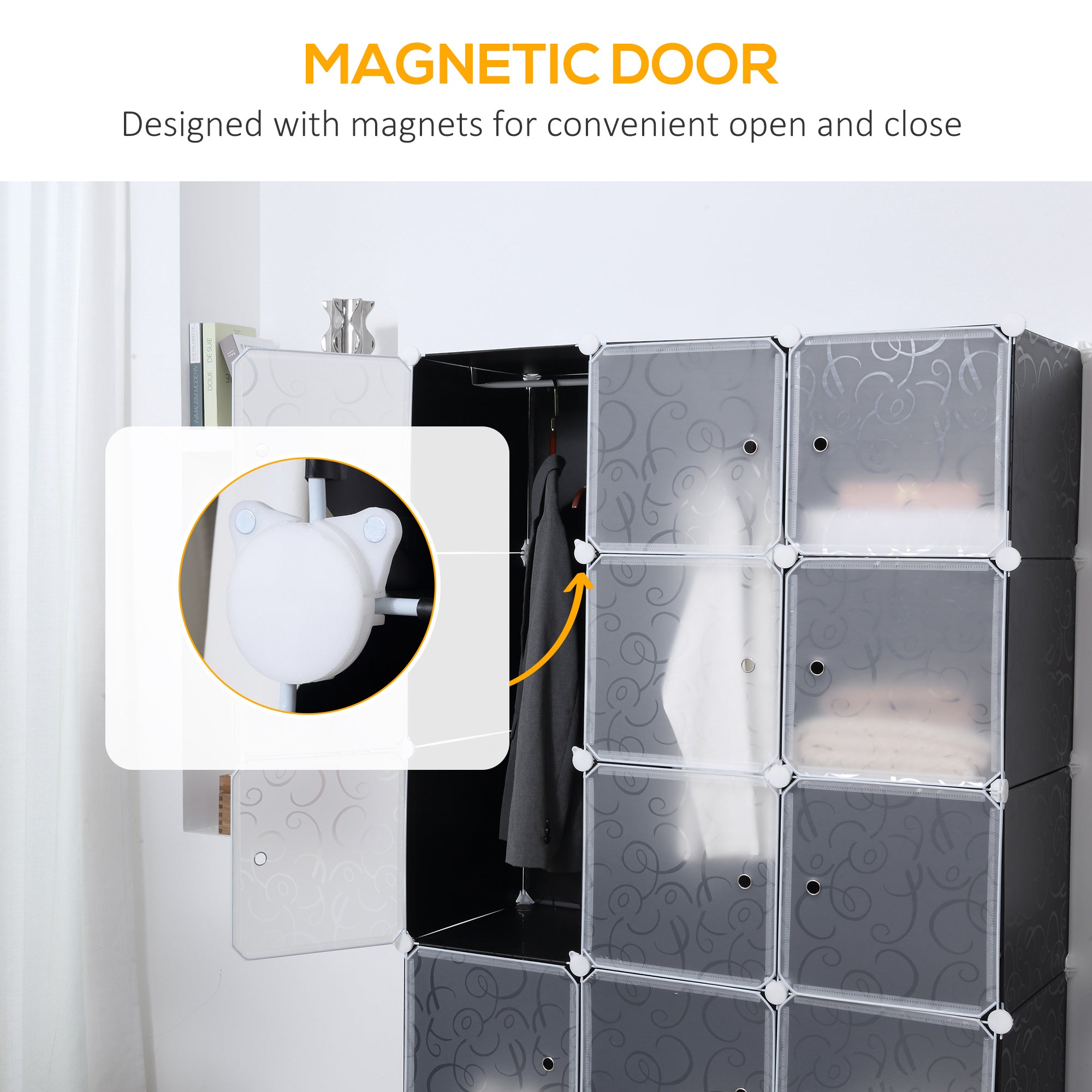 HOMCOM Portable Wardrobe for Bedroom, 15 Cube Closet with Hanging Rail, Modular Storage Cabinet, Plastic Armoire for Space Saving, White and Black - North Peak Garden Furniture