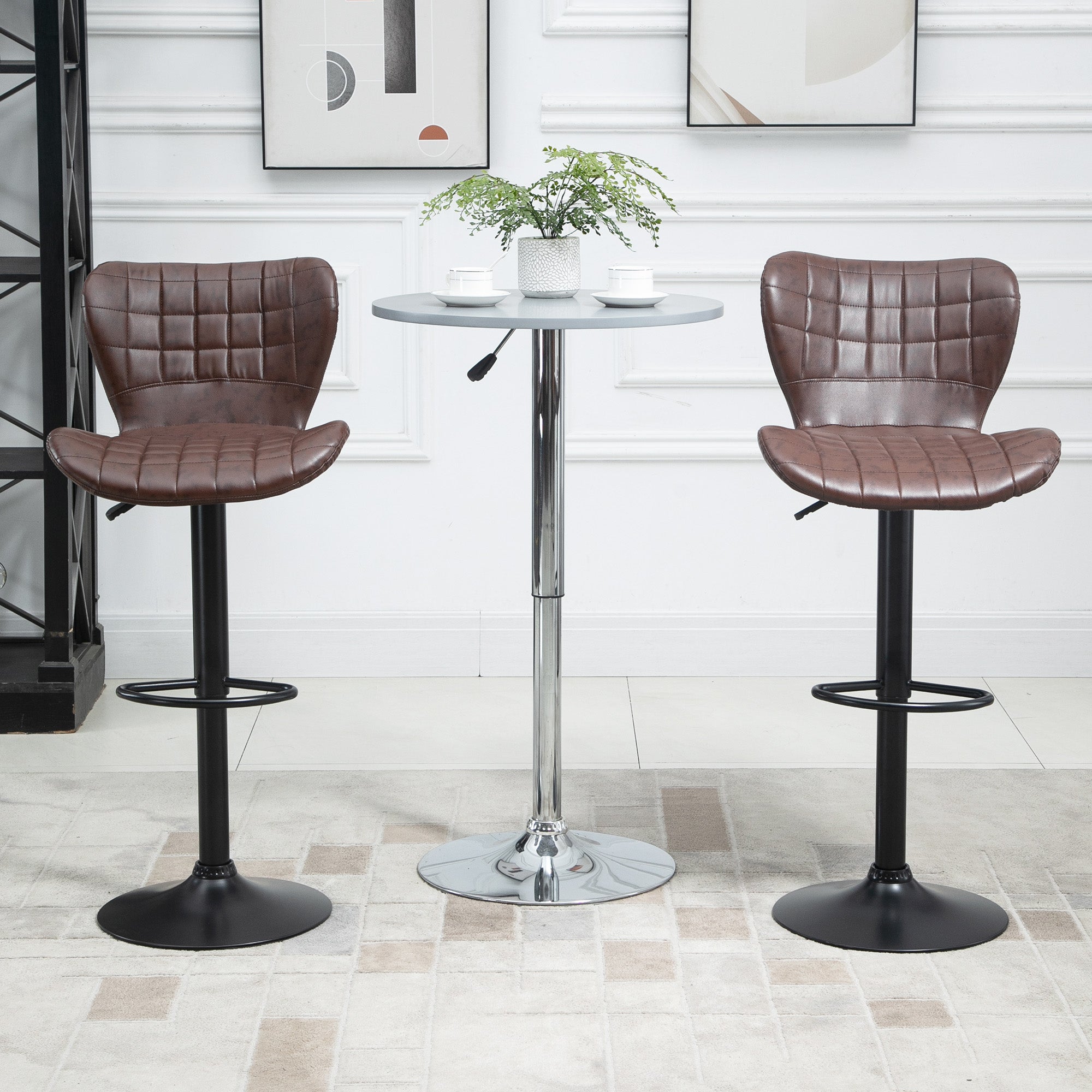 HOMCOM Bar Stools Set of 2 Adjustable Height Swivel Bar Chairs in PU Leather with Backrest & Footrest, Brown - North Peak Garden Furniture
