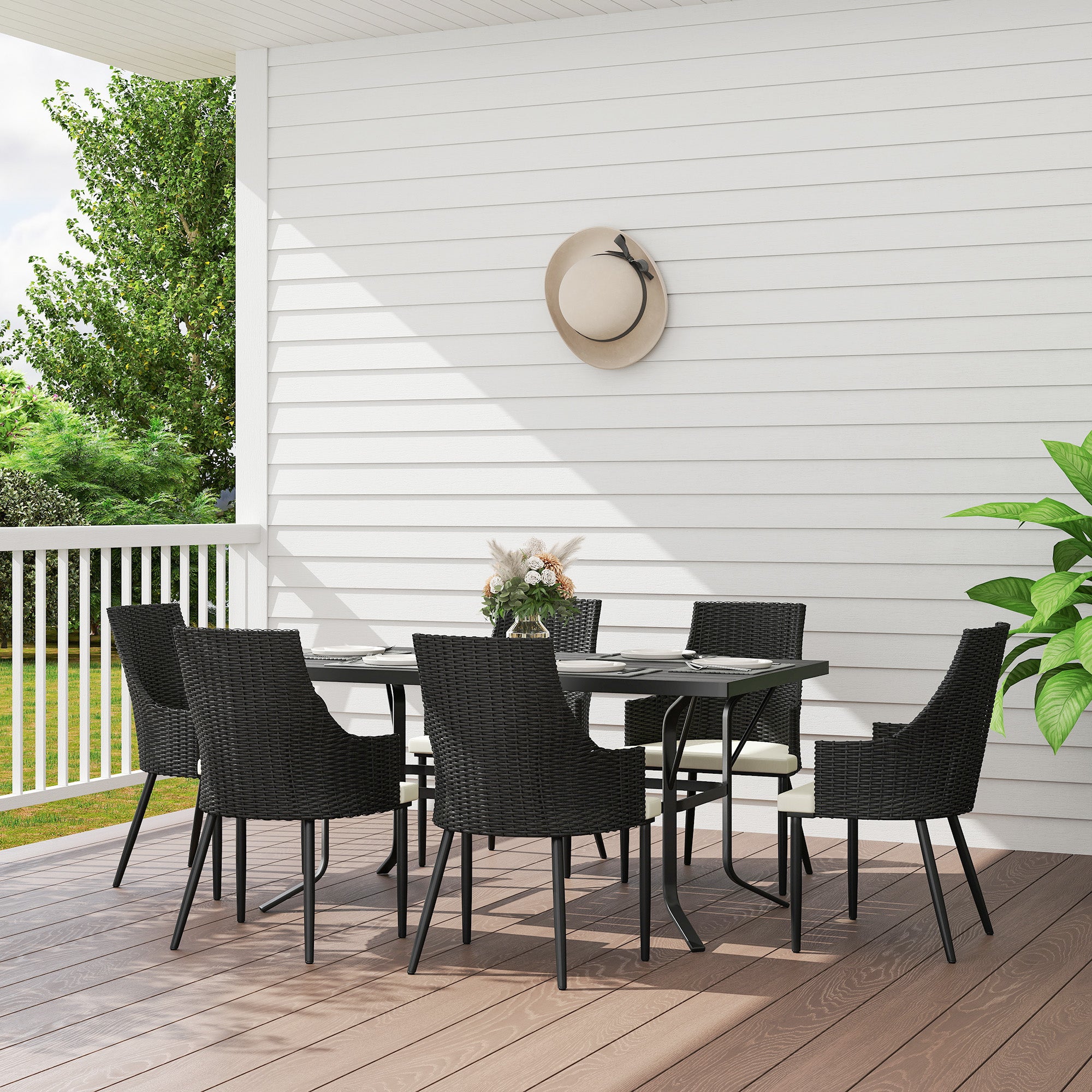 Outsunny 6 Seater Rattan Dining Set with Cushions, Garden Furniture Set with Armchairs, Rectangle Slatted Table Top, Steel Frame, Parasol Hole, Wicker Outdoor Furniture for Patio, Balcony, Cream White - North Peak Garden Furniture