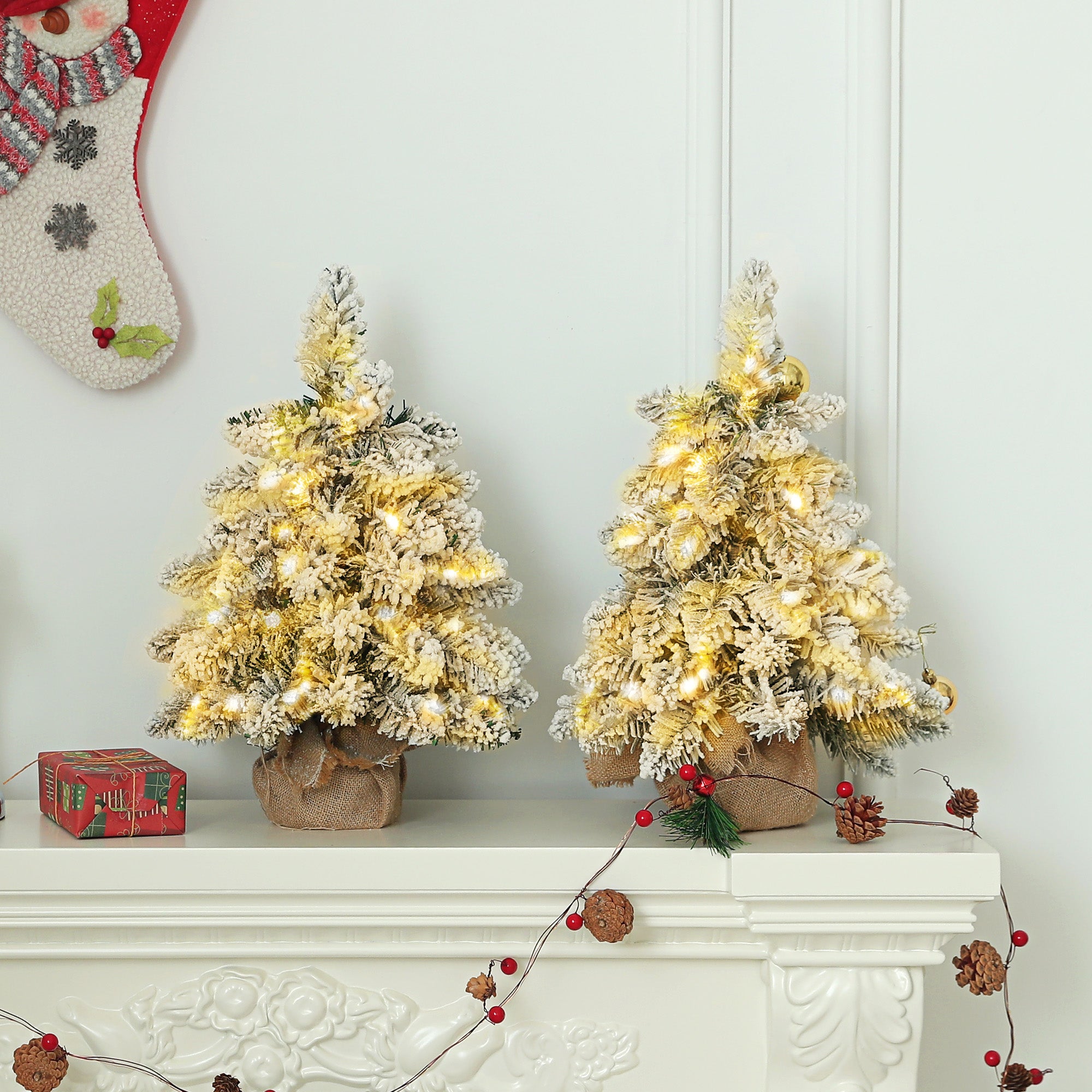 HOMCOM 1.5ft Mini Artificial Christmas Trees with Lights Set of 2, Snow Flocked Tabletop Christmas Trees with Base, Battery Operated, Desktop Party Decoration - North Peak Garden Furniture