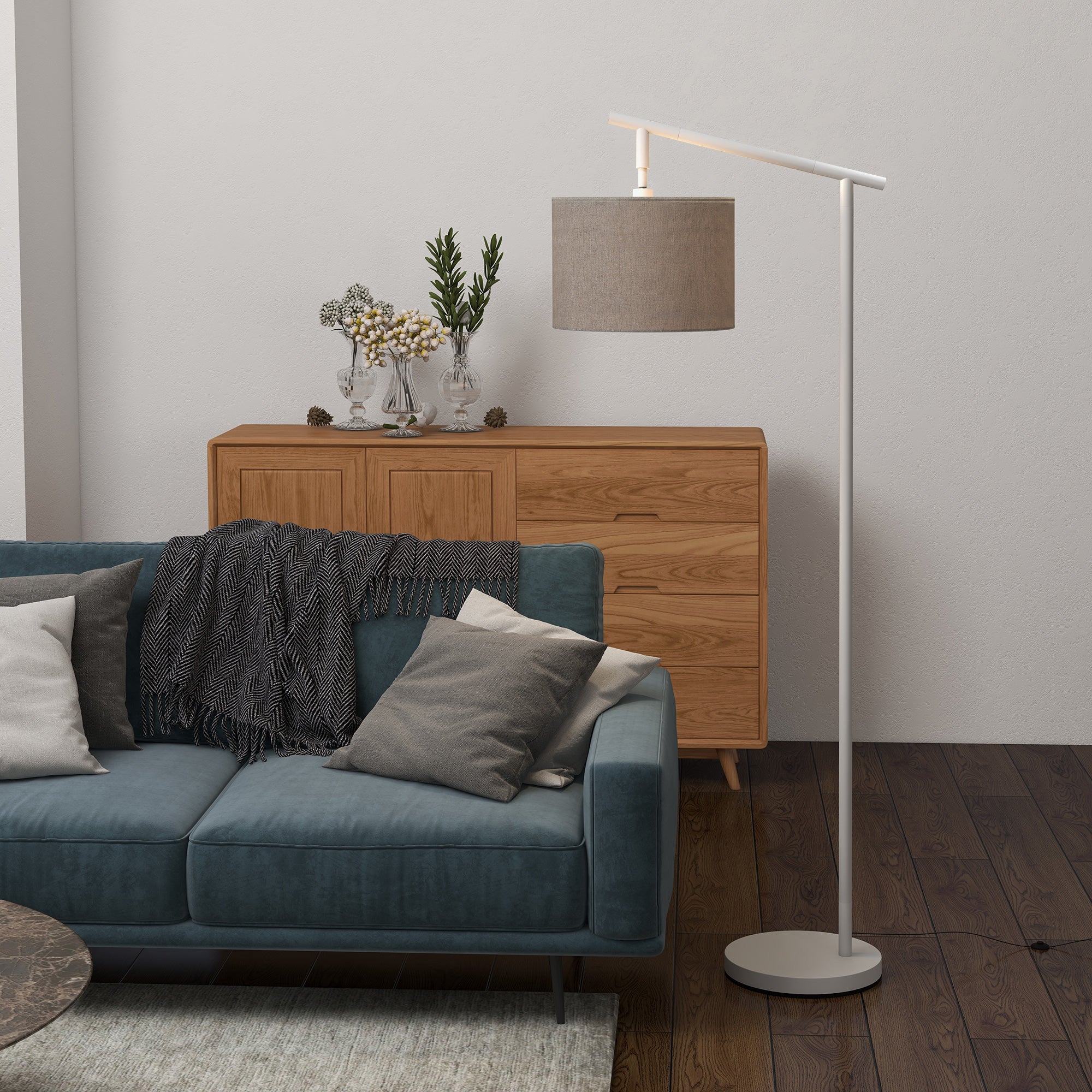 HOMCOM Metal Frame Floor Lamp with 350° Rotating Lampshade, for Living Room and Bedroom, LED Bulb Included, Grey - North Peak Garden Furniture