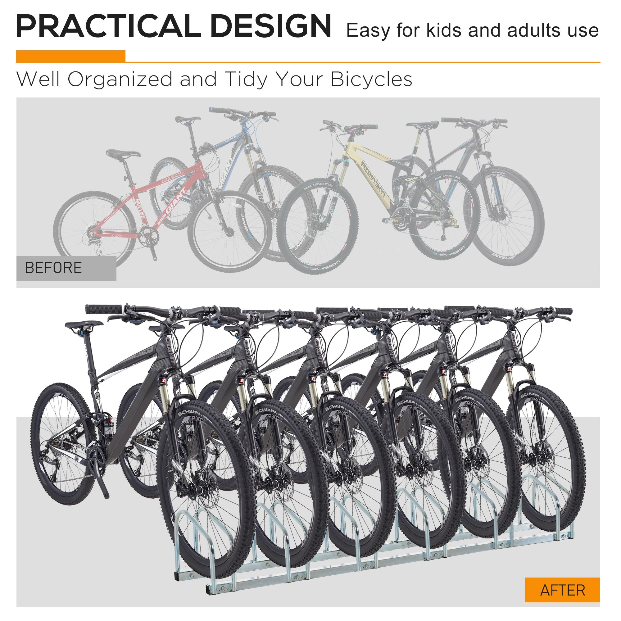 HOMCOM Bike Stand Parking Rack Floor or Wall Mount Bicycle Cycle Storage Locking Stand 179L x 33W x 27H (6 Racks, Silver) - North Peak Garden Furniture