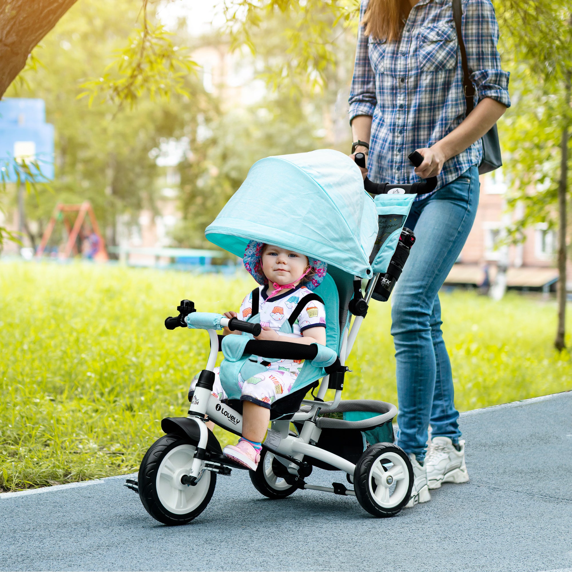 HOMCOM 6 in 1 Kids Trike Push Bike w/ Push Handle, Canopy, 5-point Safety Belt, Storage, Footrest, Brake, for 1-5 Years, Green - North Peak Garden Furniture