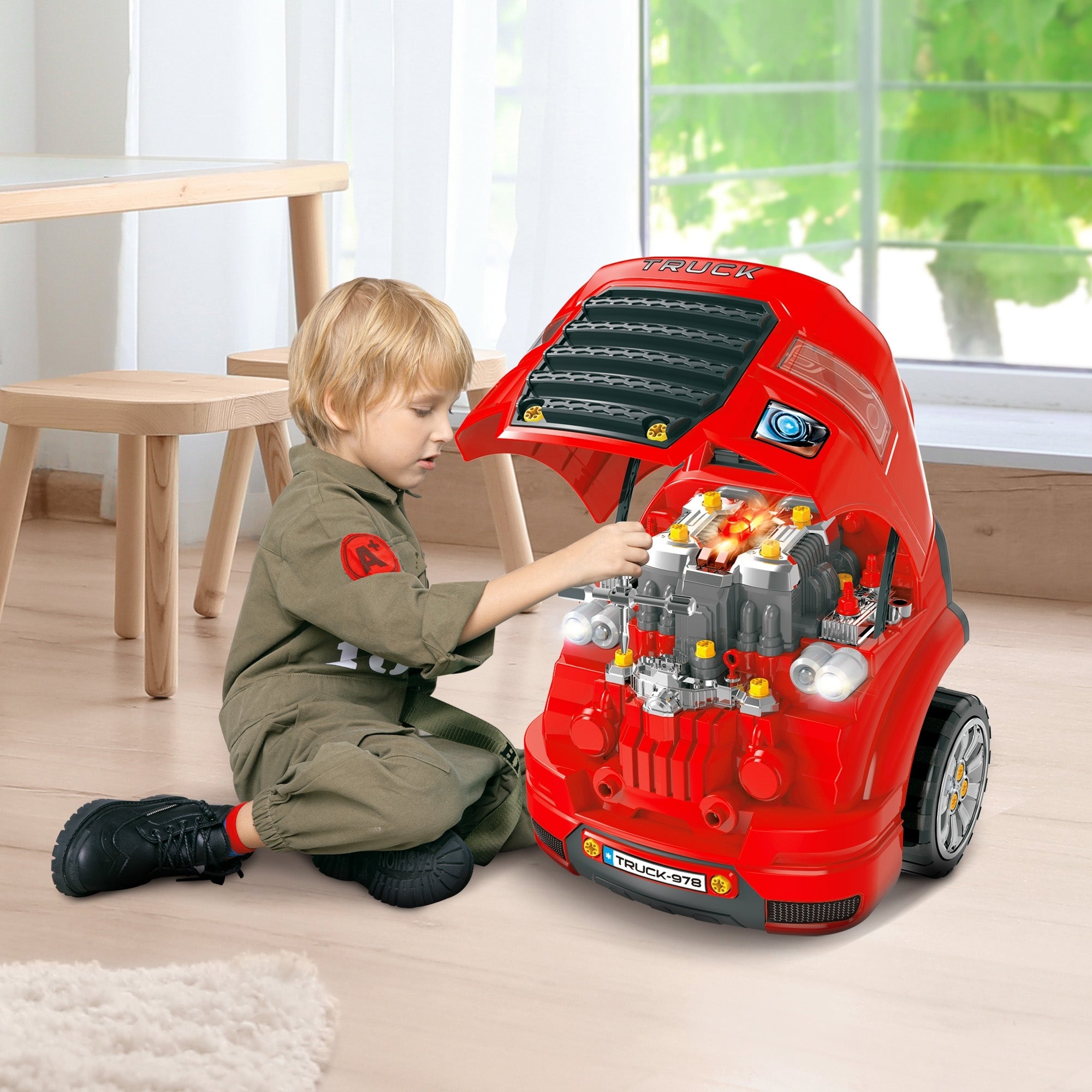 HOMCOM Kids Truck Engine Toy Set, Toddler Educational Car Service Station Playset, Take Apart Workshop, w/ RC Car Key, Steering wheel, Horn, Light, for 3-5 Years Old Red - North Peak Garden Furniture