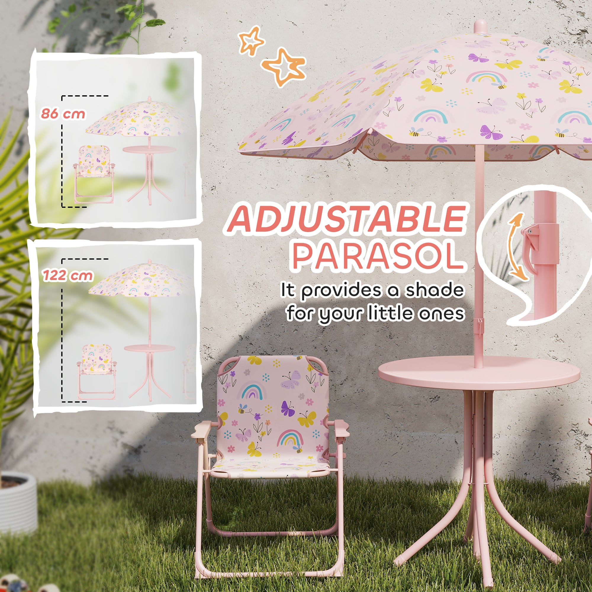 AIYAPLAY 4-Piece Kids Garden Table and Chair Set with Adjustable Parasol, Folding Chairs, Table, Rainbow Pattern, Pink