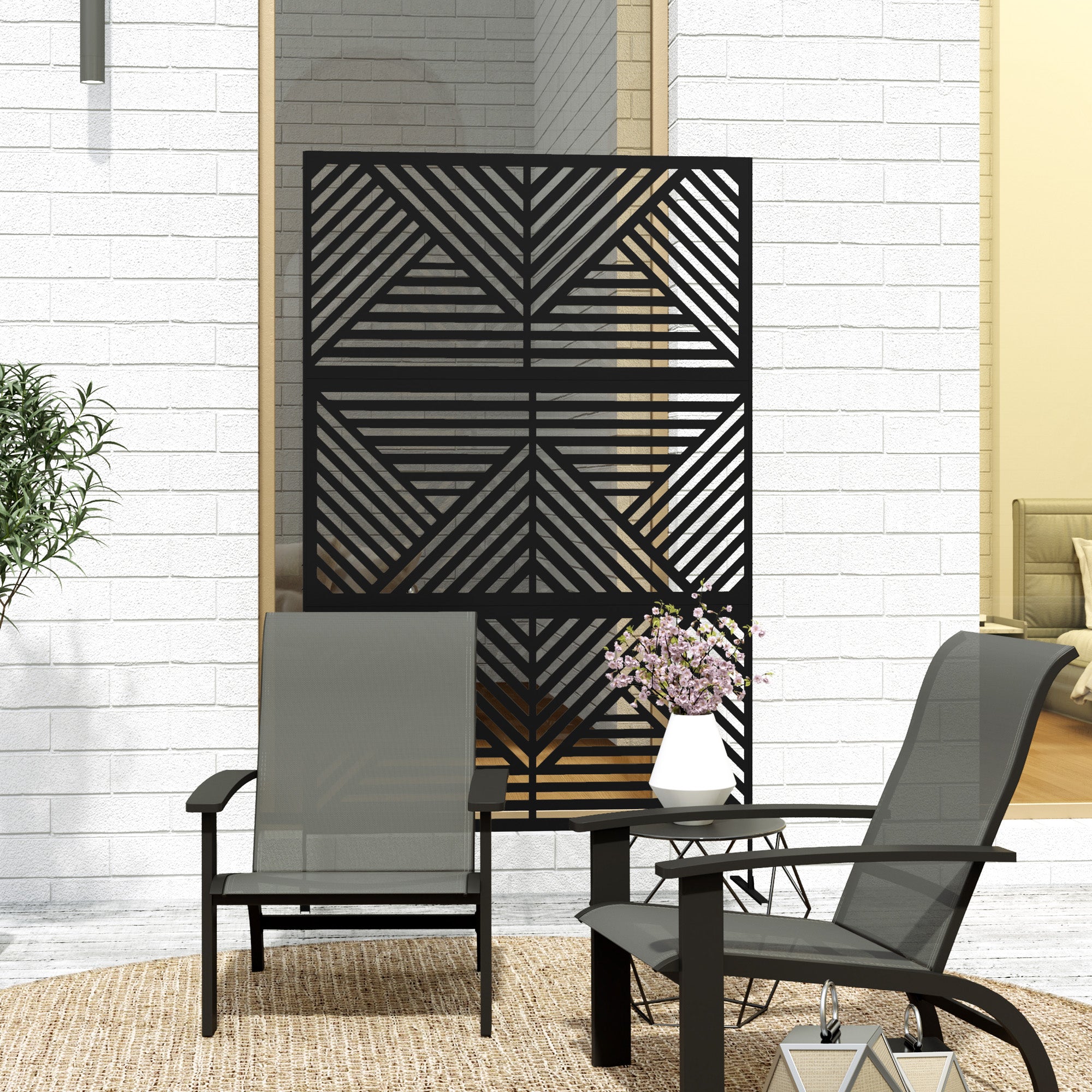 Outsunny Decorative Garden Privacy Screen with Stand, 6.5FT Freestanding Metal Outdoor Divider, Decorative Privacy Panel with Expansion Screws for Garden Pool Hot Tub, Rhombus Style, Black - North Peak Garden Furniture