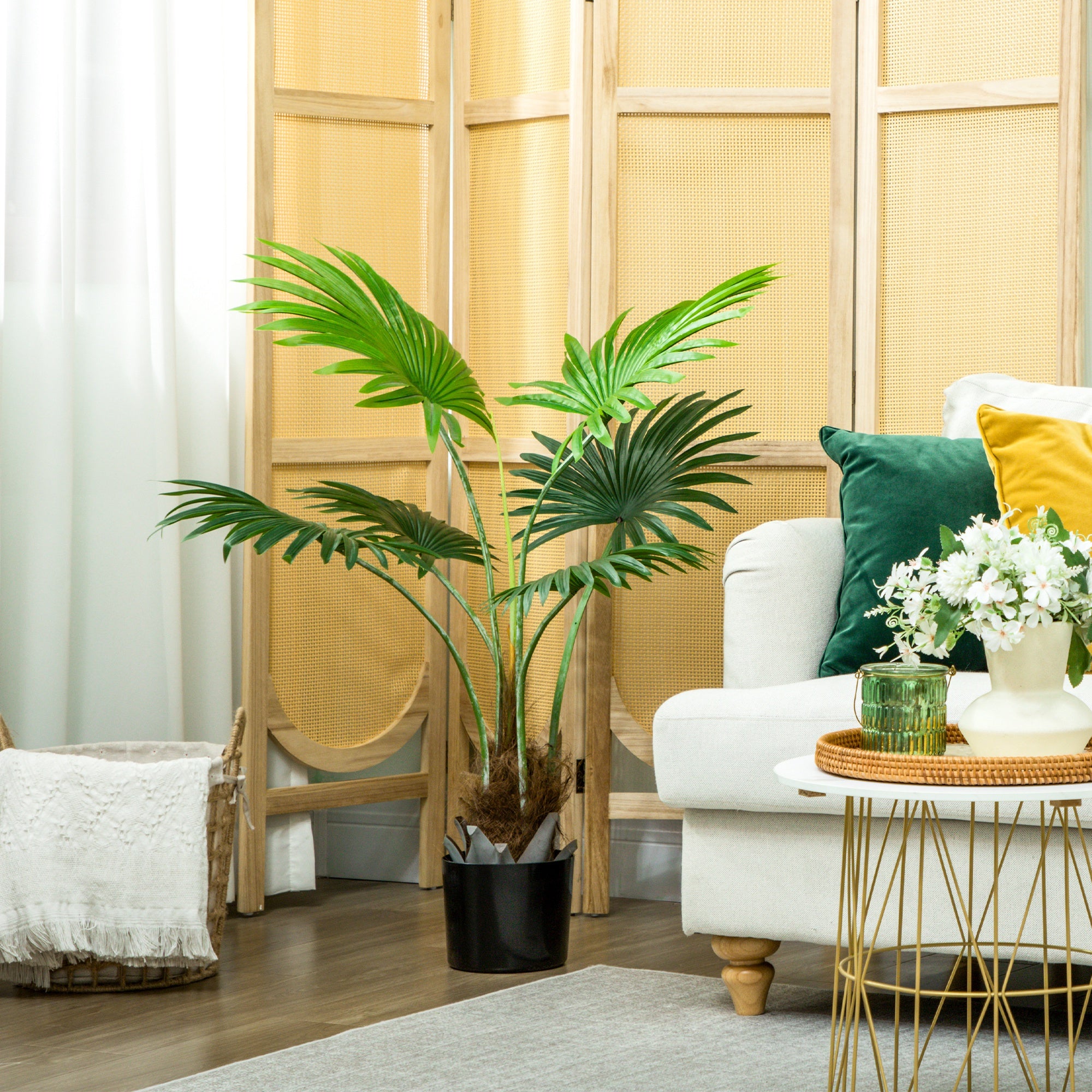 HOMCOM 94cm Artificial Palm Tree, Decorative Artificial Plant with Lifelike PEVA Leaves and Coconut Coir, Fake Tree with Plastic Pot and Flocking for Home Office Decor, Green