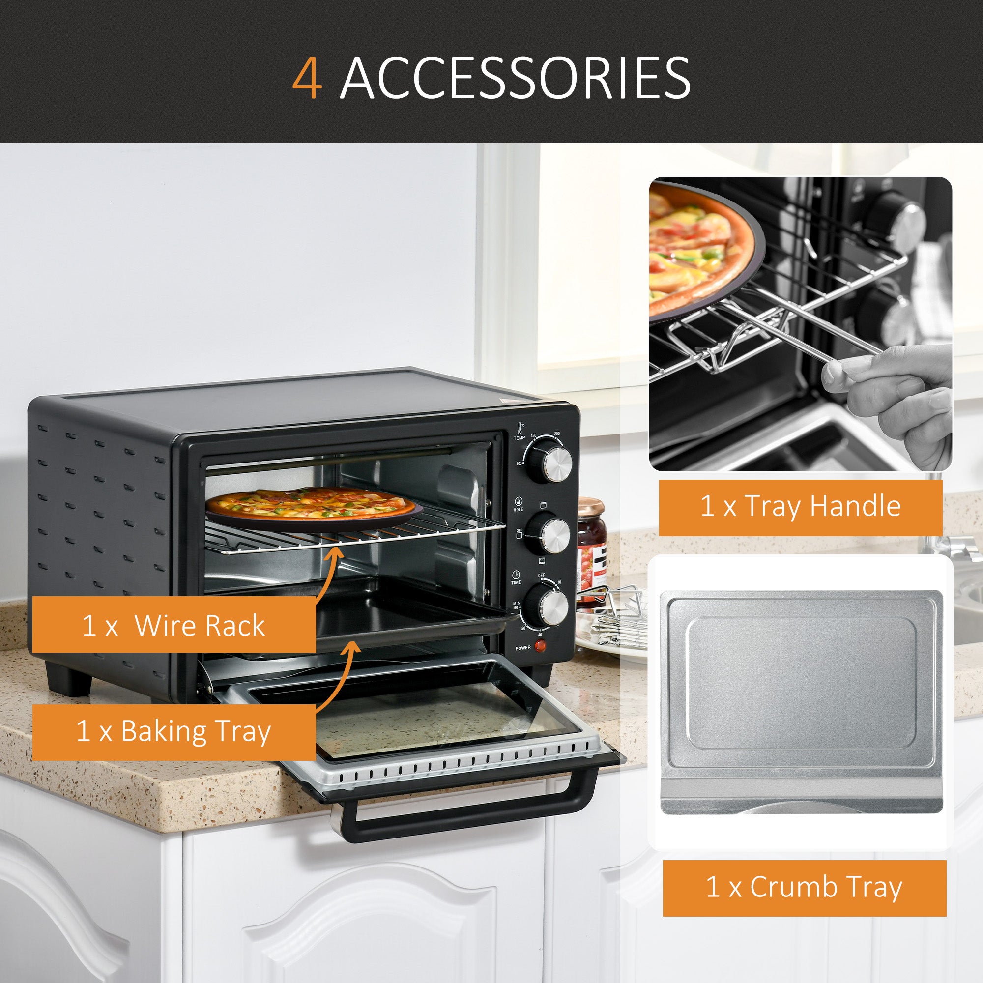 HOMCOM Mini Oven, 21L Countertop Electric Grill, Toaster Oven with Adjustable Temperature, Timer, Baking Tray and Wire Rack, 1400W, Black - North Peak Garden Furniture