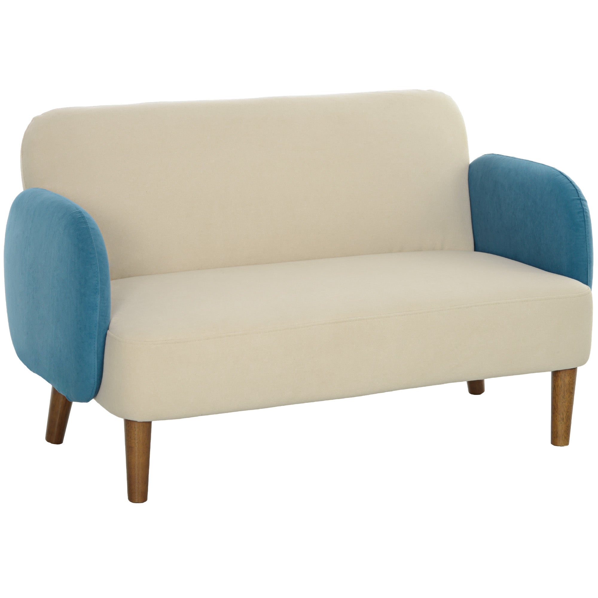 HOMCOM Two-Seater Velvet-Feel Mid Century Sofa - Cream/Blue