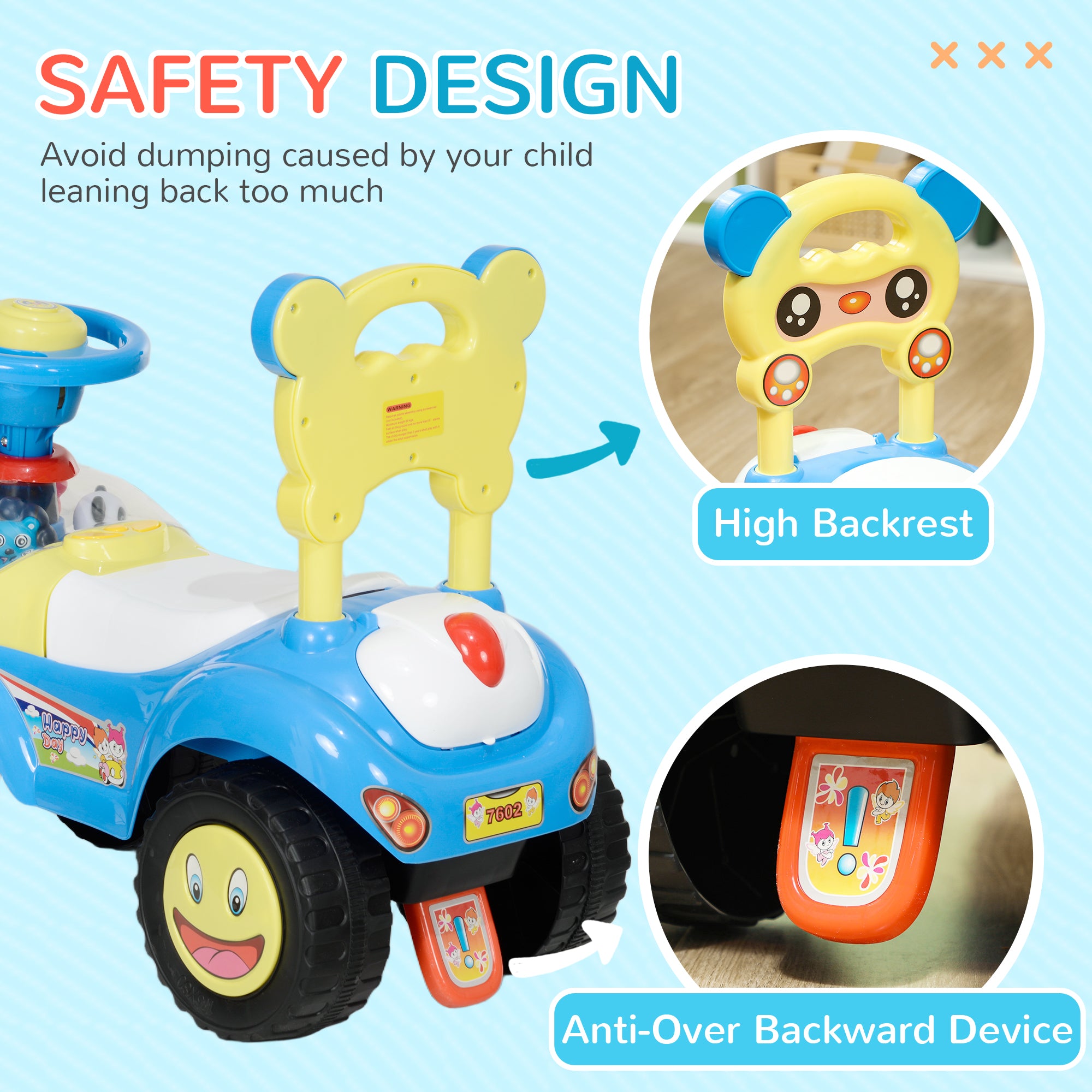 AIYAPLAY Foot to Floor oddler Ride on Toy w/ Music, Light, Horn, Under Seat Storage, Anti-Over-Backwards Device, Blue - North Peak Garden Furniture