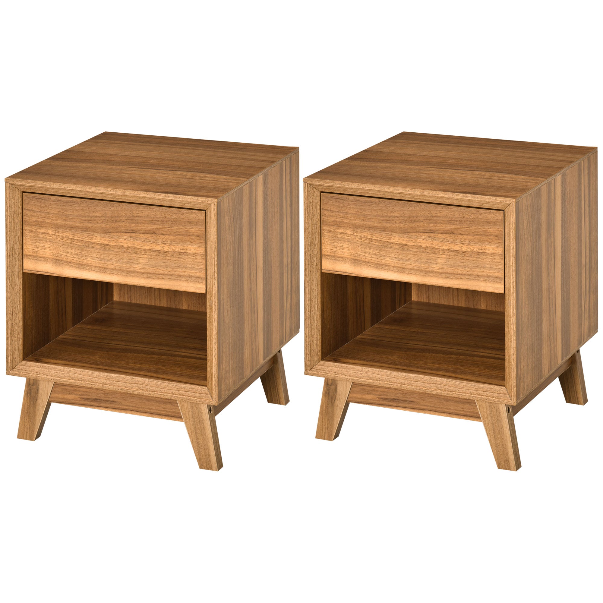 HOMCOM Modern Bedside Table Nightstand, Living Room End Table, Side Table with Drawer and Shelf, Set of 2, Walnut Brown - North Peak Garden Furniture