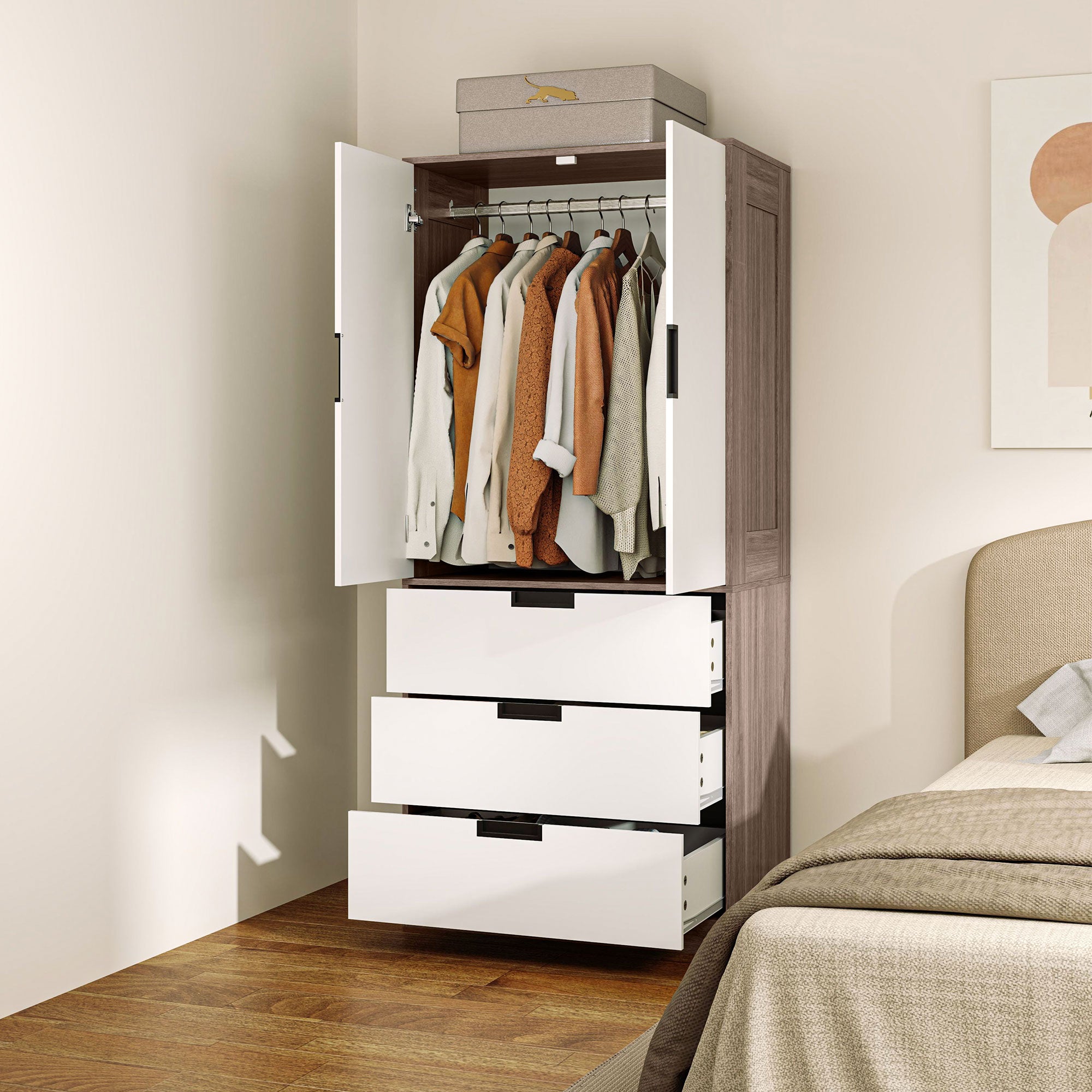 HOMCOM Two Door, Two Drawer Wardrobe - White/Brown - North Peak Garden Furniture