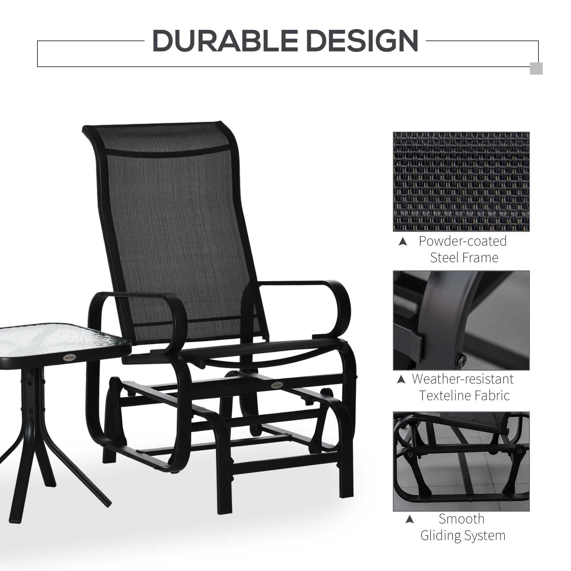 Outsunny 3 Pieces Garden Gliding Chair Set, Metal Frame 2 Single Armchair Swing Seater and 1 Glass Top Coffee Table w/ Breath Mesh Fabric Seat, Black - North Peak Garden Furniture