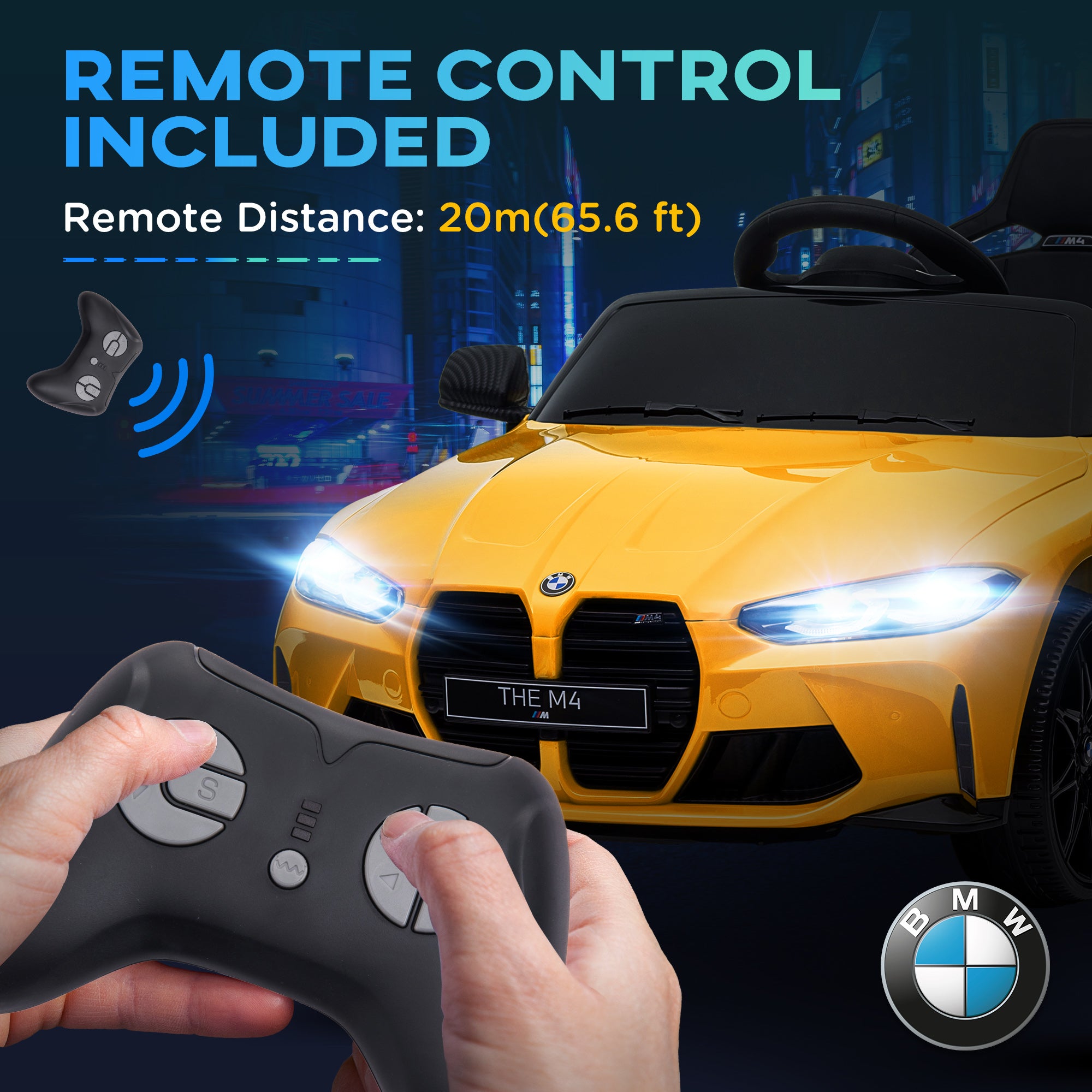 AIYAPLAY 12V BMW M4 Licensed Kids Car with Easy Transport, Remote Control, Suspension, Music, Horn, LED Lights, Yellow - North Peak Garden Furniture