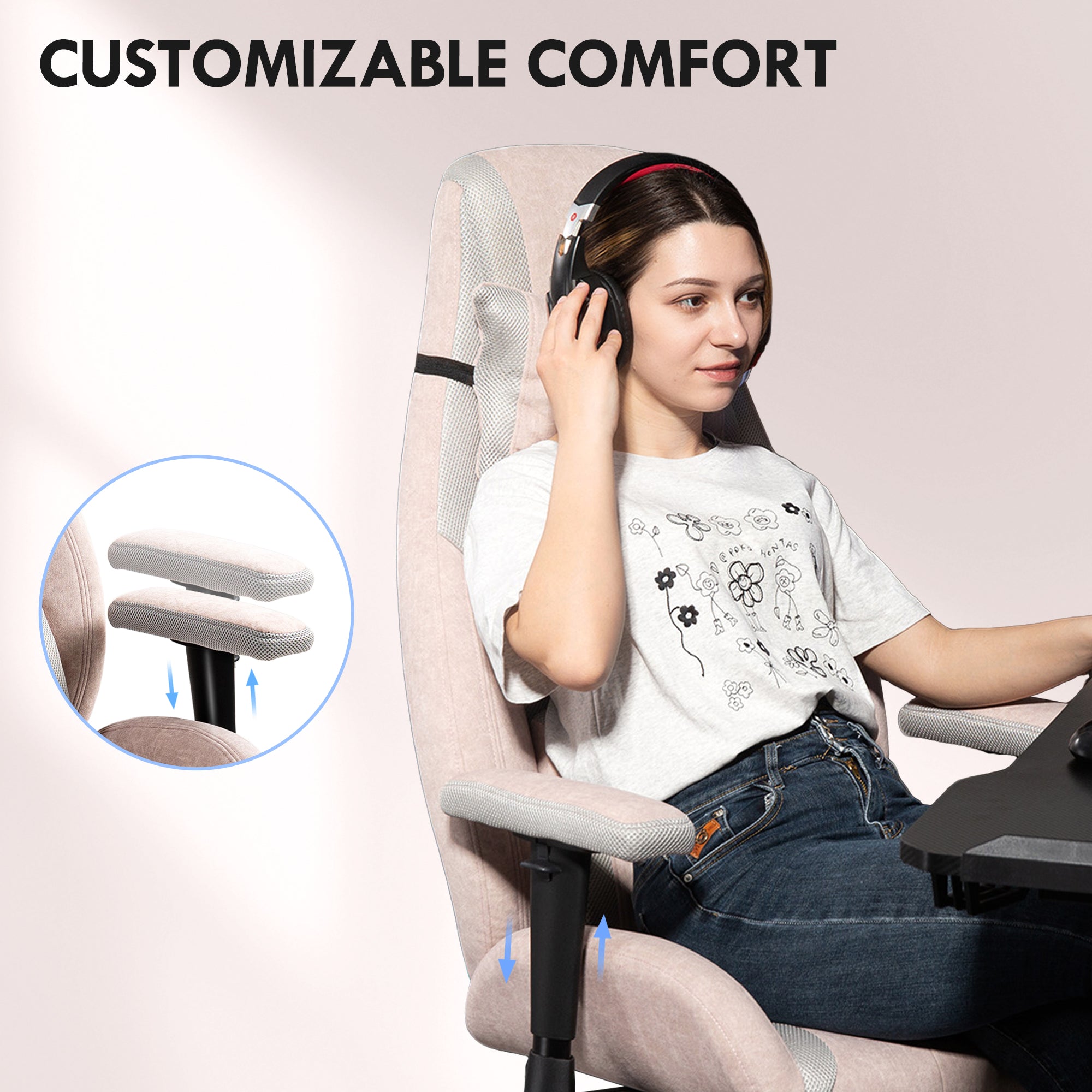 HOMCOM Fabric Gaming Chair with Lumbar Support, Headrest - Pale Pink - North Peak Garden Furniture