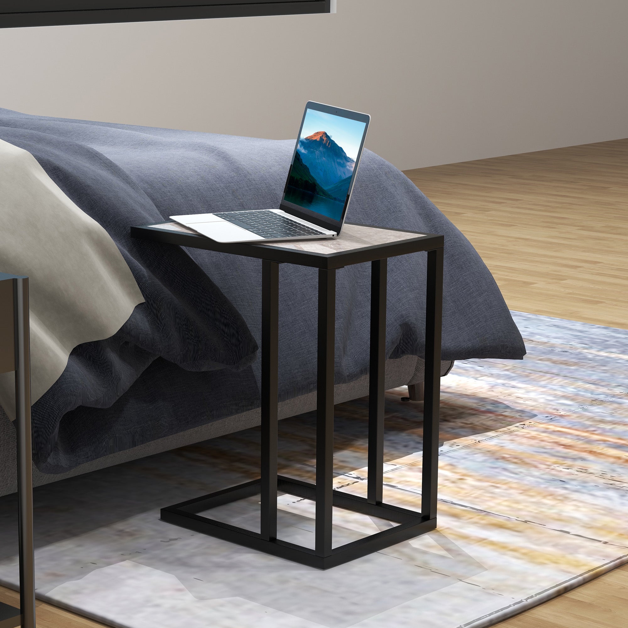 HOMCOM C Shape Bedside Table w/Metal Frame Marble-Effect Top Sofa Narrow Snack End Table for Living Room, Grey - North Peak Garden Furniture